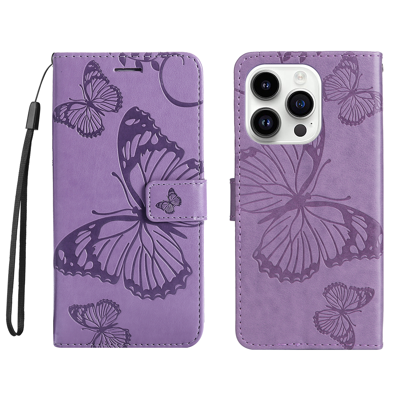 For iPhone 15 Pro Wallet Case Floral Butterfly Imprinted Leather Phone Cover Stand - Light Purple