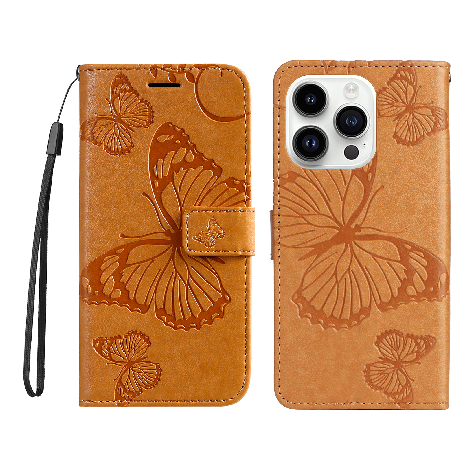 For iPhone 15 Pro Wallet Case Floral Butterfly Imprinted Leather Phone Cover Stand - Yellow