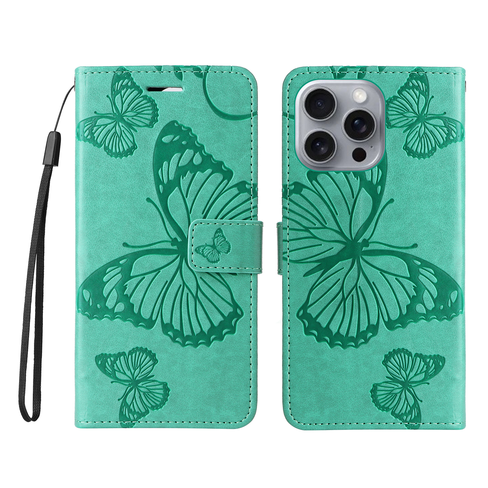 For iPhone 16 Pro Max Wallet Case Floral Butterfly Imprinted Leather Phone Cover Stand -  Green