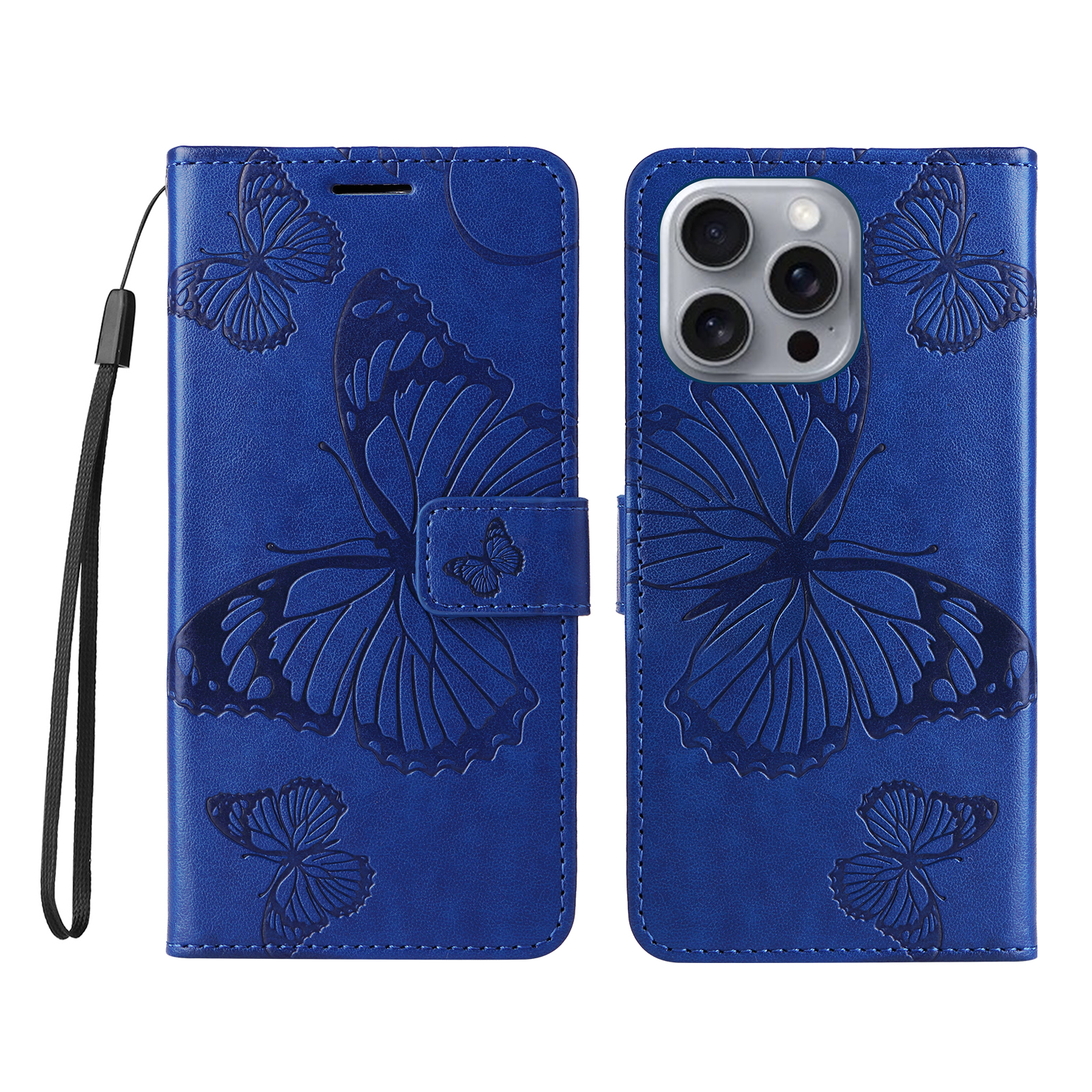 For iPhone 16 Pro Max Wallet Case Floral Butterfly Imprinted Leather Phone Cover Stand - Blue