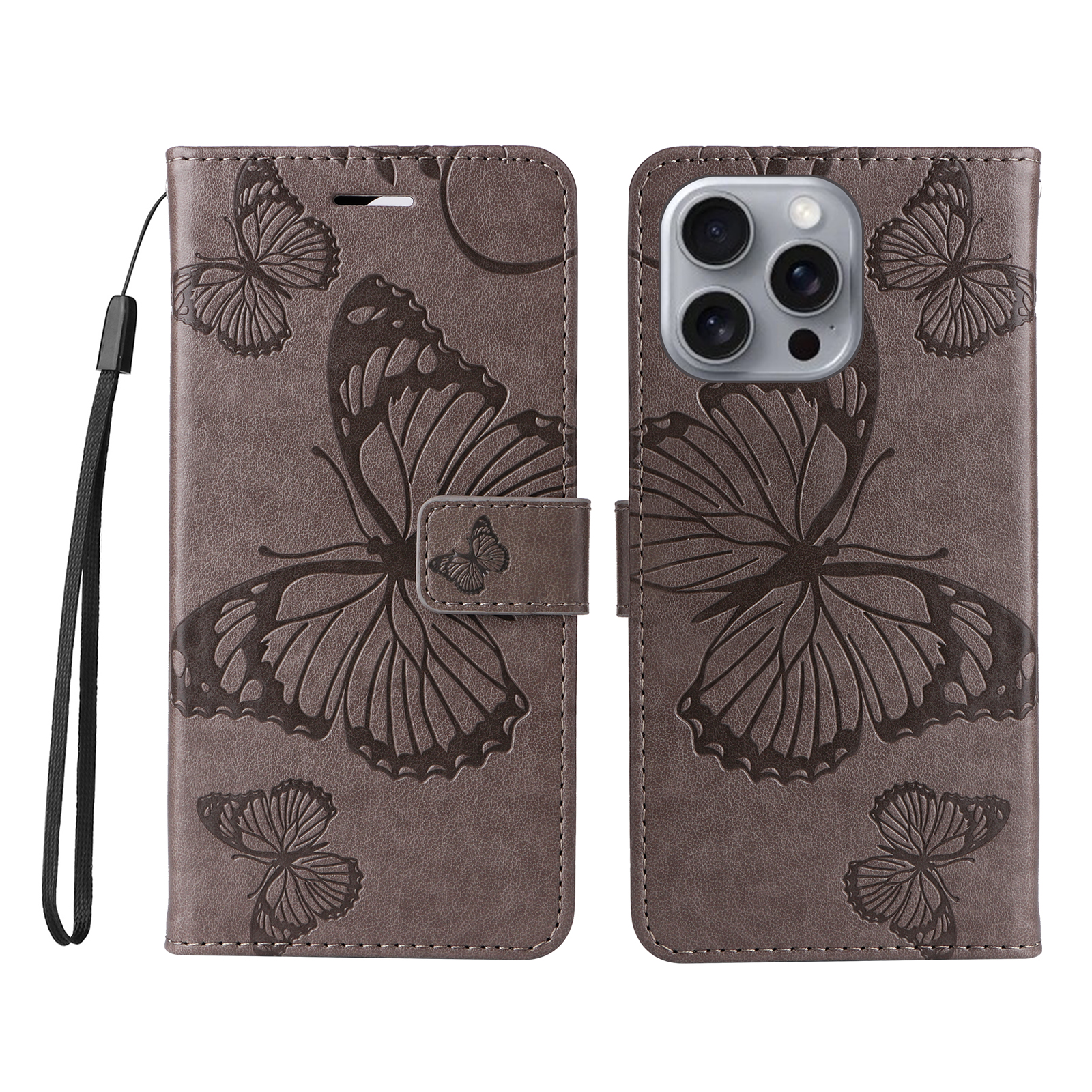 For iPhone 16 Pro Max Wallet Case Floral Butterfly Imprinted Leather Phone Cover Stand - Grey