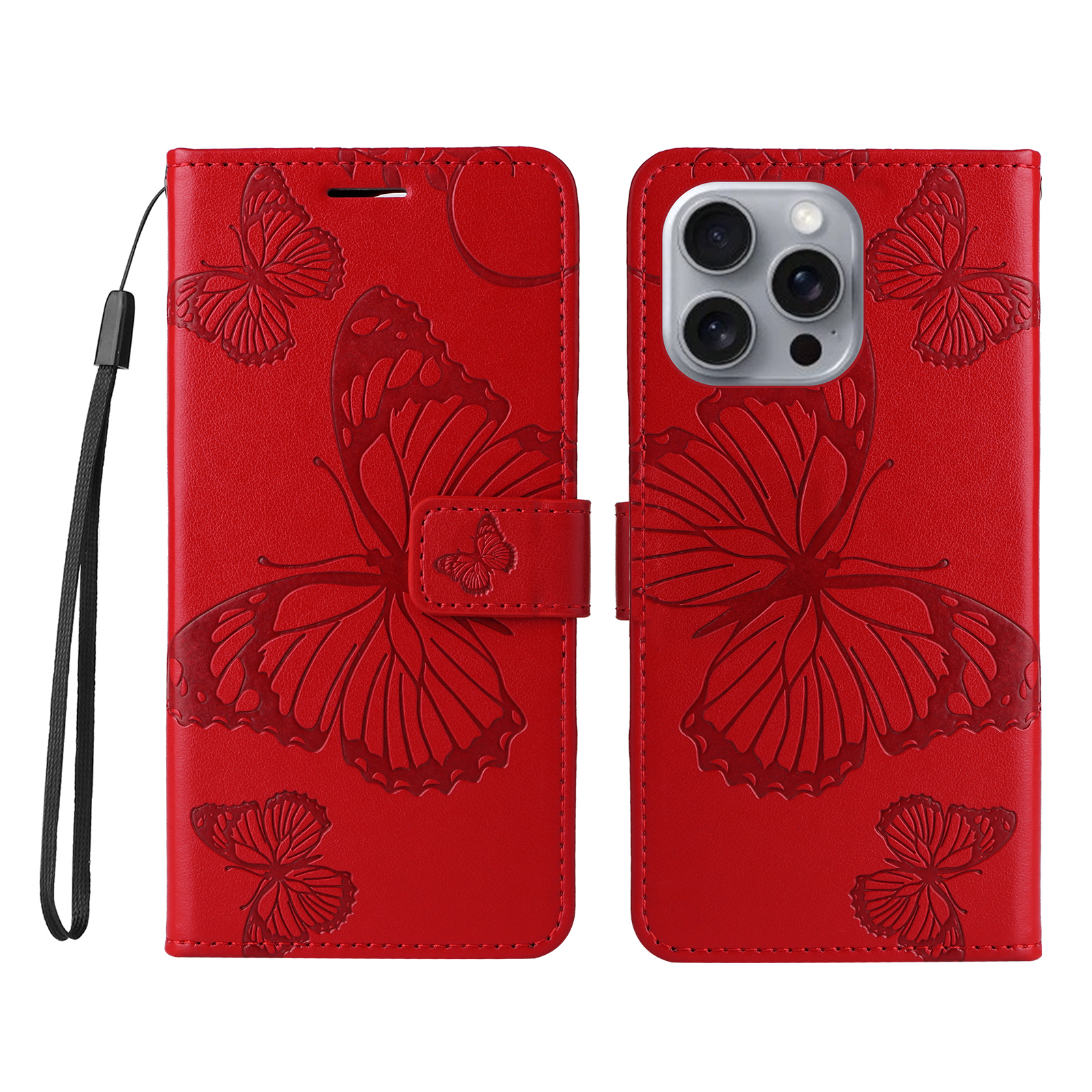 For iPhone 16 Pro Max Wallet Case Floral Butterfly Imprinted Leather Phone Cover Stand - Red