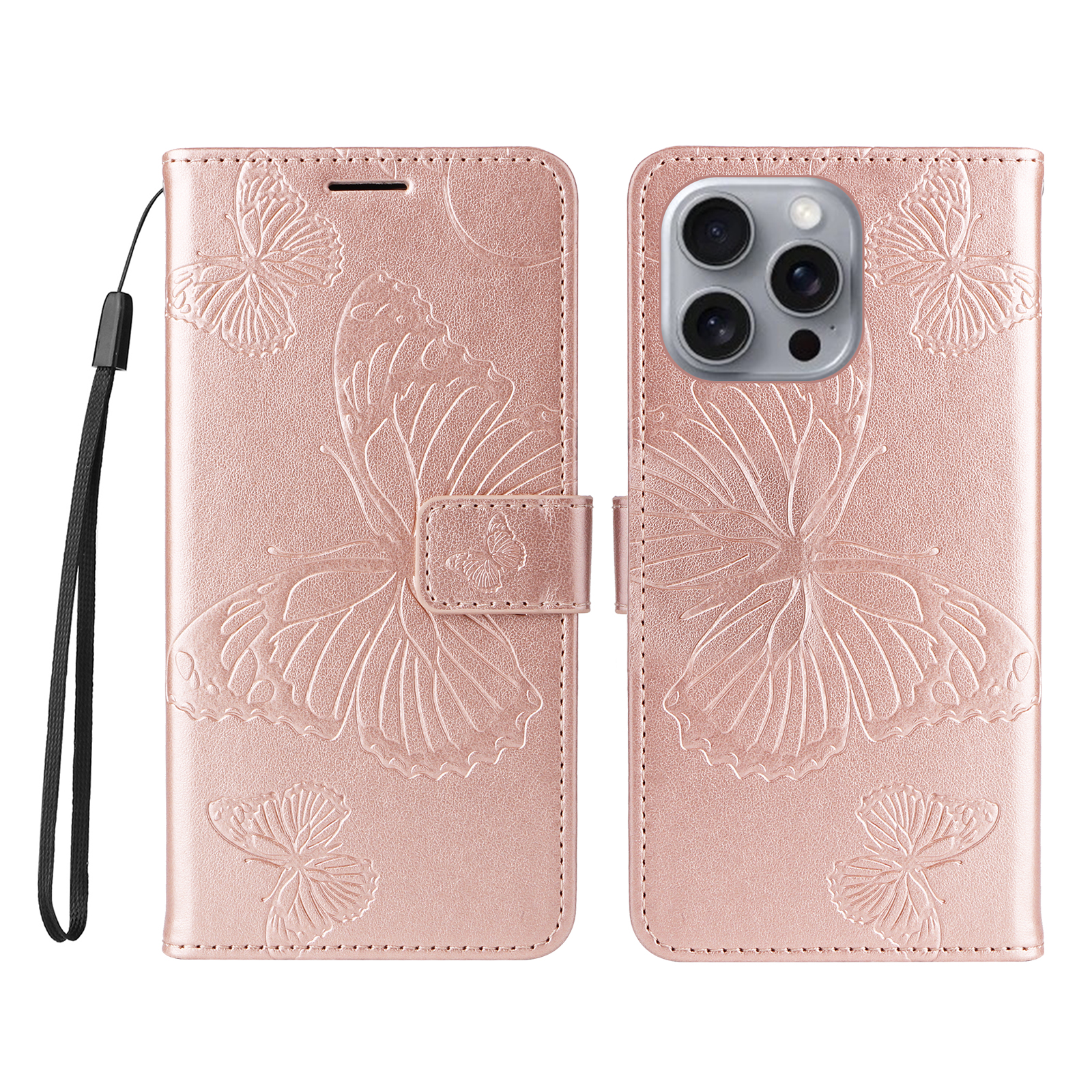 For iPhone 16 Pro Max Wallet Case Floral Butterfly Imprinted Leather Phone Cover Stand - Rose Gold