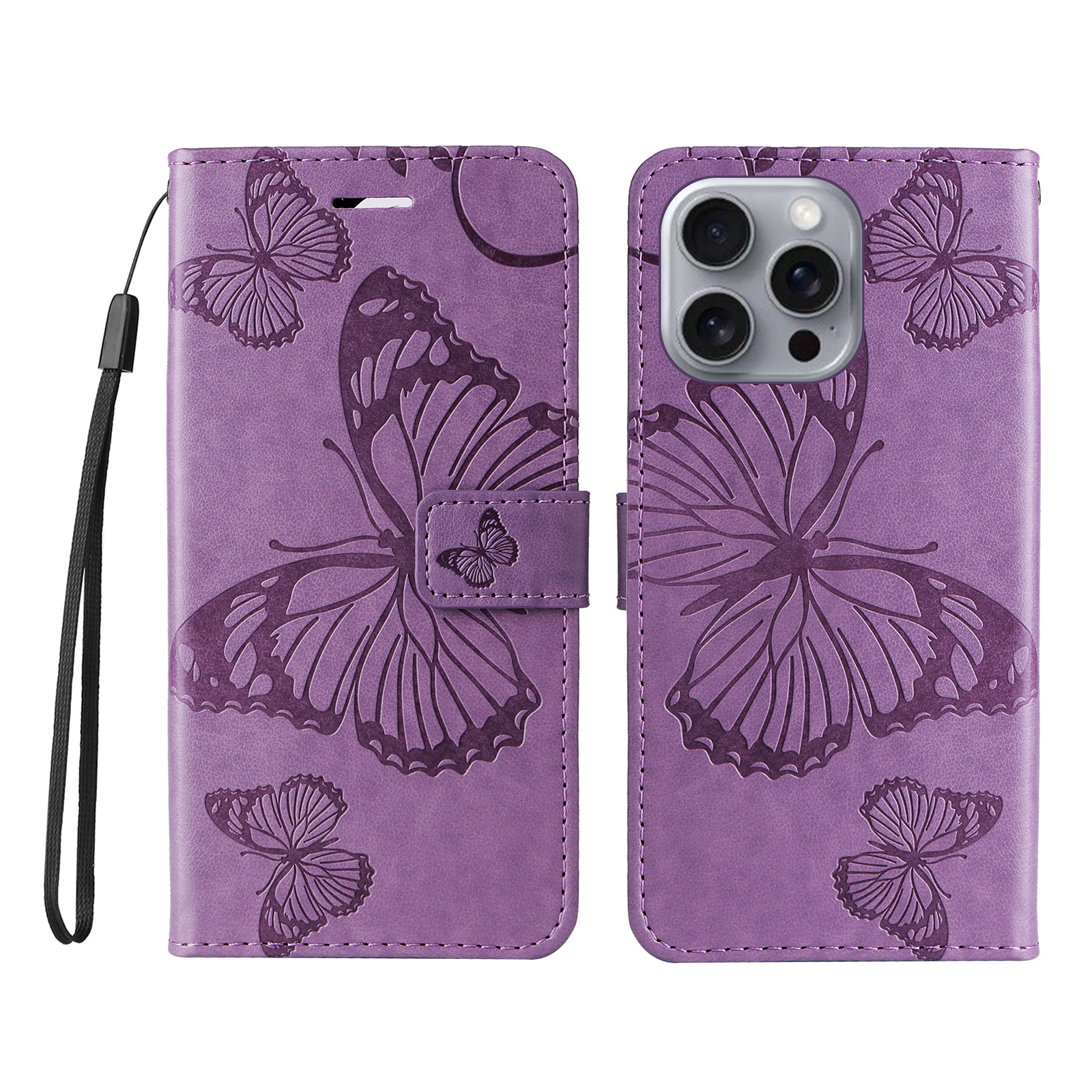 For iPhone 16 Pro Max Wallet Case Floral Butterfly Imprinted Leather Phone Cover Stand - Light Purple