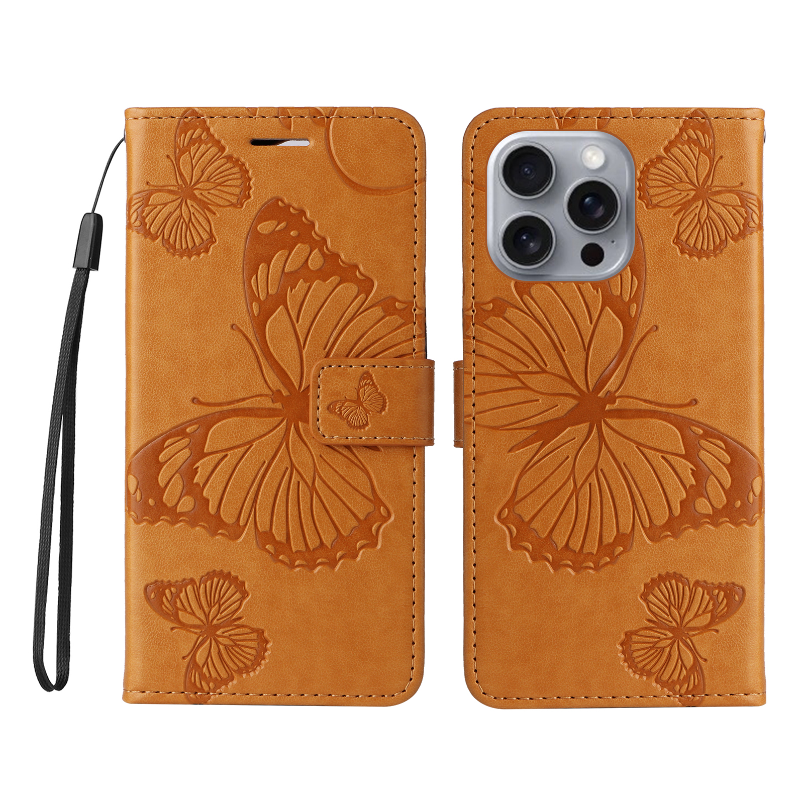 For iPhone 16 Pro Max Wallet Case Floral Butterfly Imprinted Leather Phone Cover Stand - Yellow