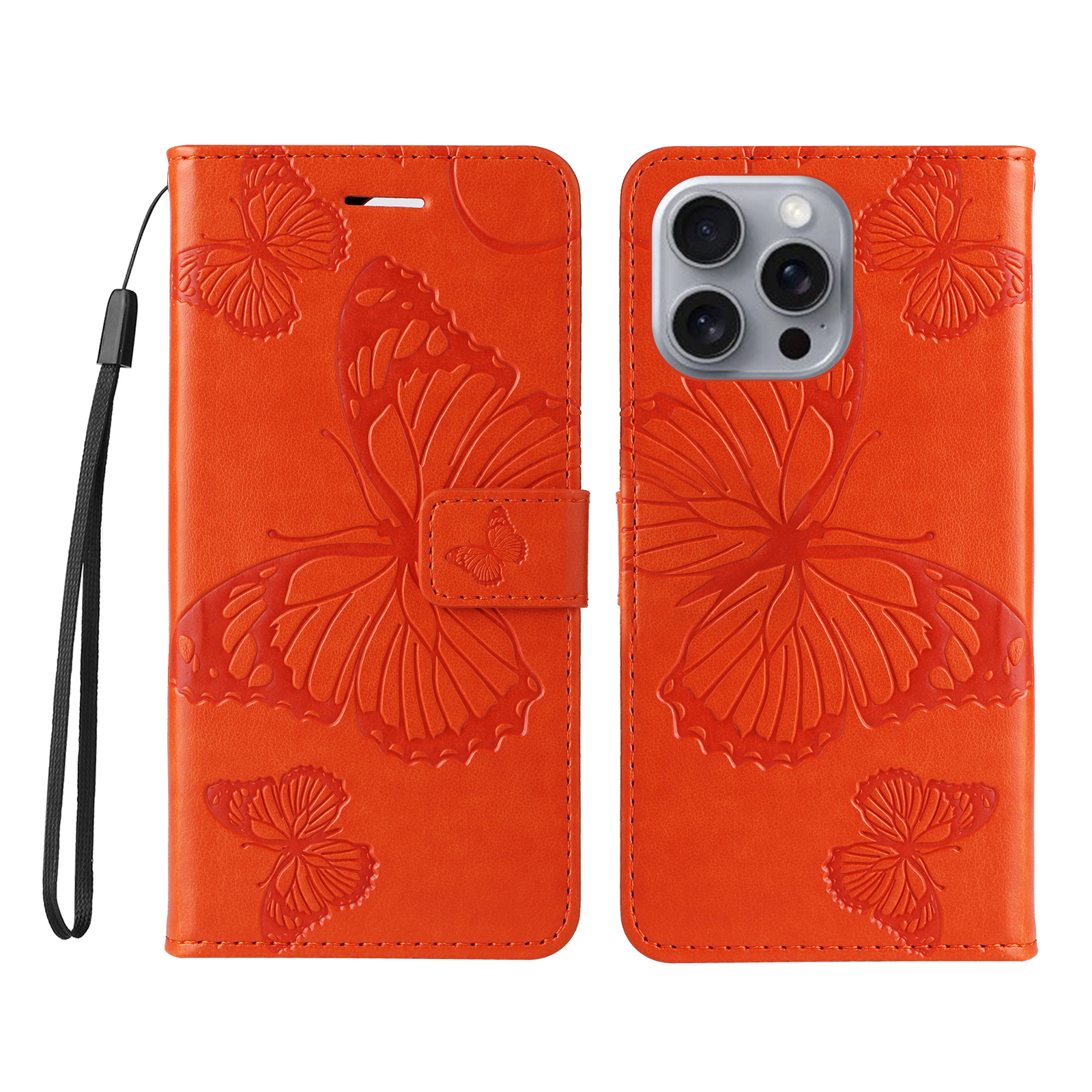 For iPhone 16 Pro Max Wallet Case Floral Butterfly Imprinted Leather Phone Cover Stand - Orange