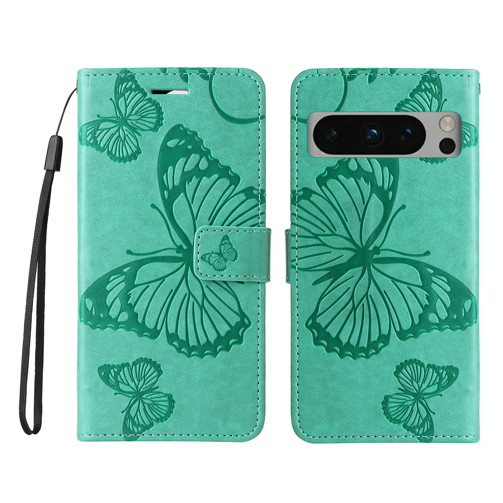 For Google Pixel 8 Pro Wallet Case Floral Butterfly Imprinted Leather Phone Cover Stand -  Green