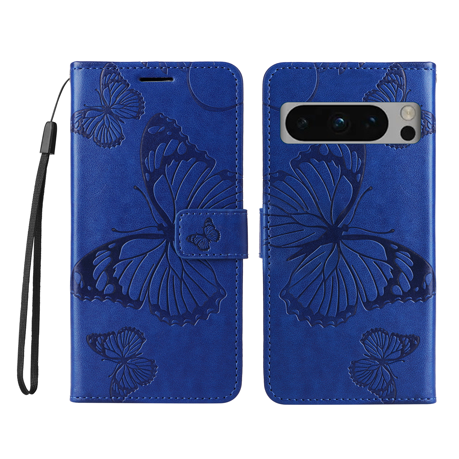 For Google Pixel 8 Pro Wallet Case Floral Butterfly Imprinted Leather Phone Cover Stand - Blue