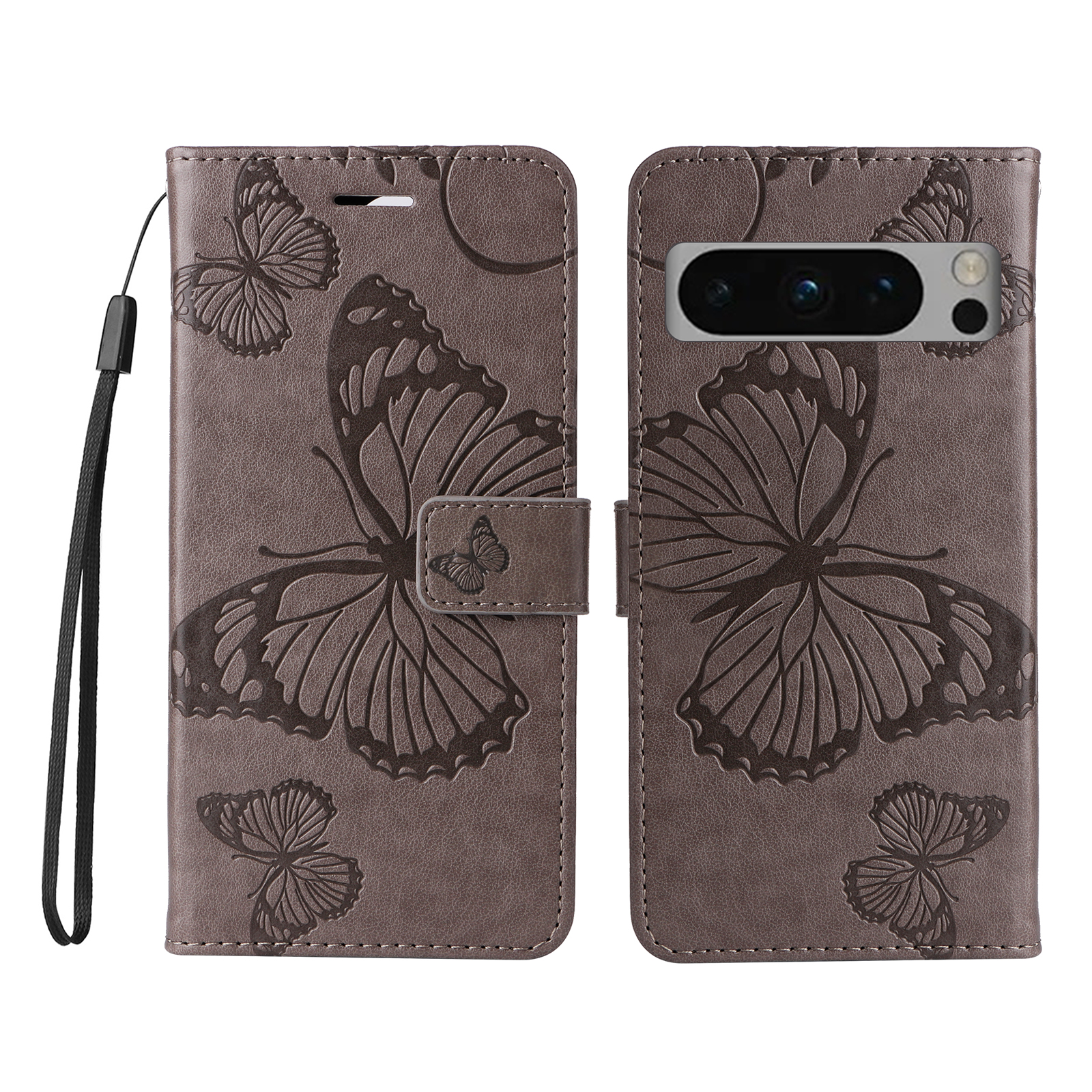 For Google Pixel 8 Pro Wallet Case Floral Butterfly Imprinted Leather Phone Cover Stand - Grey