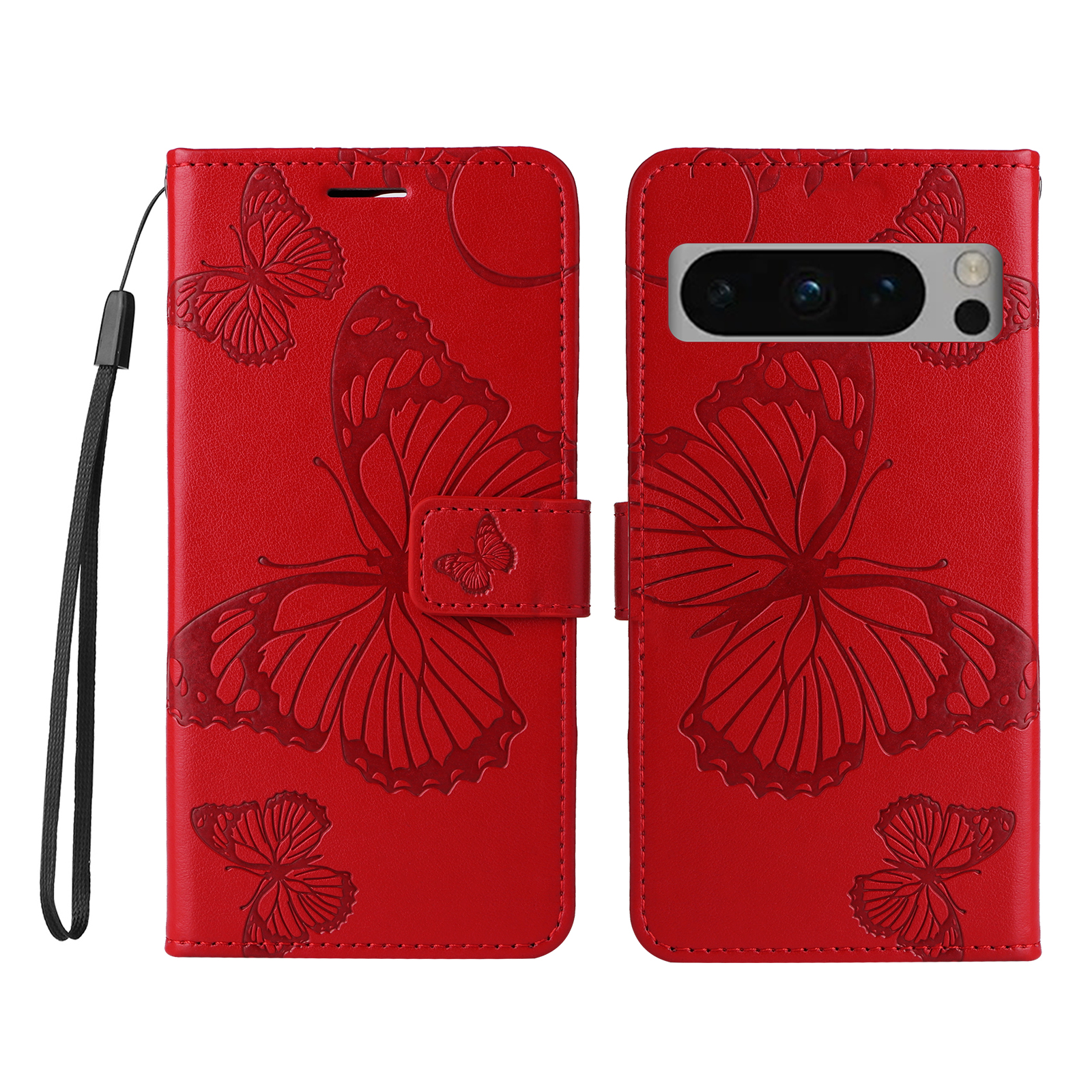 For Google Pixel 8 Pro Wallet Case Floral Butterfly Imprinted Leather Phone Cover Stand - Red