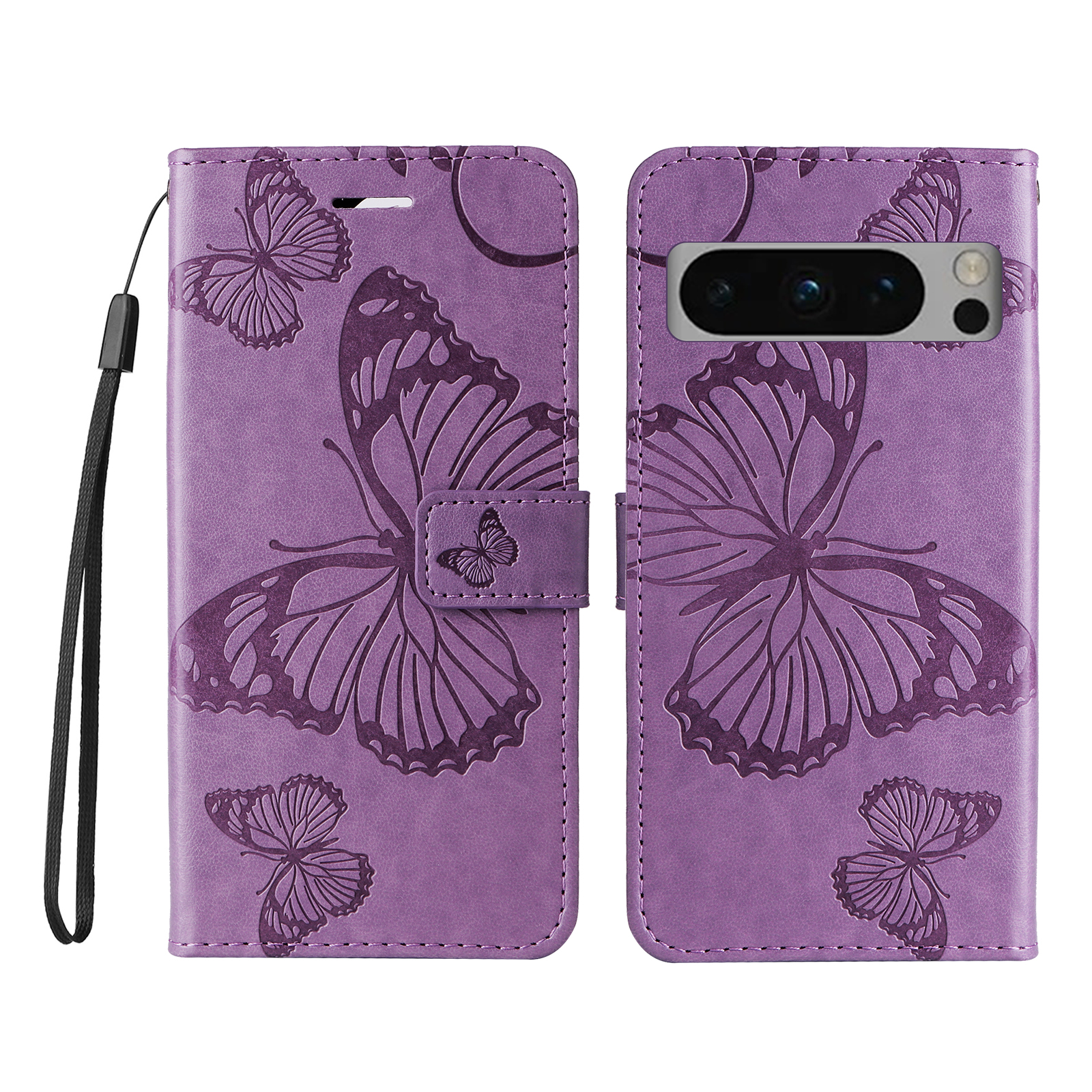For Google Pixel 8 Pro Wallet Case Floral Butterfly Imprinted Leather Phone Cover Stand - Light Purple