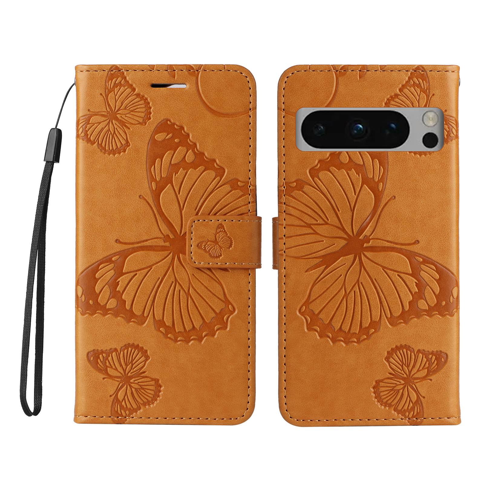 For Google Pixel 8 Pro Wallet Case Floral Butterfly Imprinted Leather Phone Cover Stand - Yellow