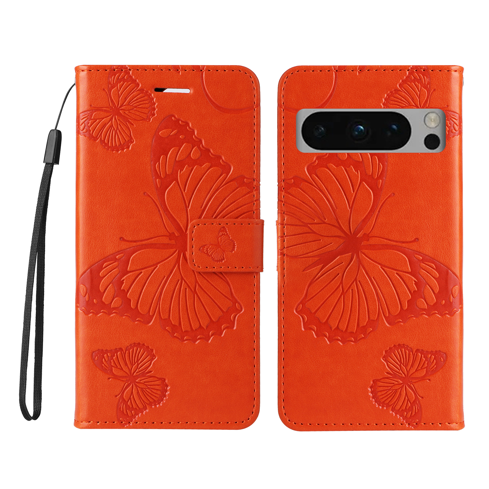 For Google Pixel 8 Pro Wallet Case Floral Butterfly Imprinted Leather Phone Cover Stand - Orange