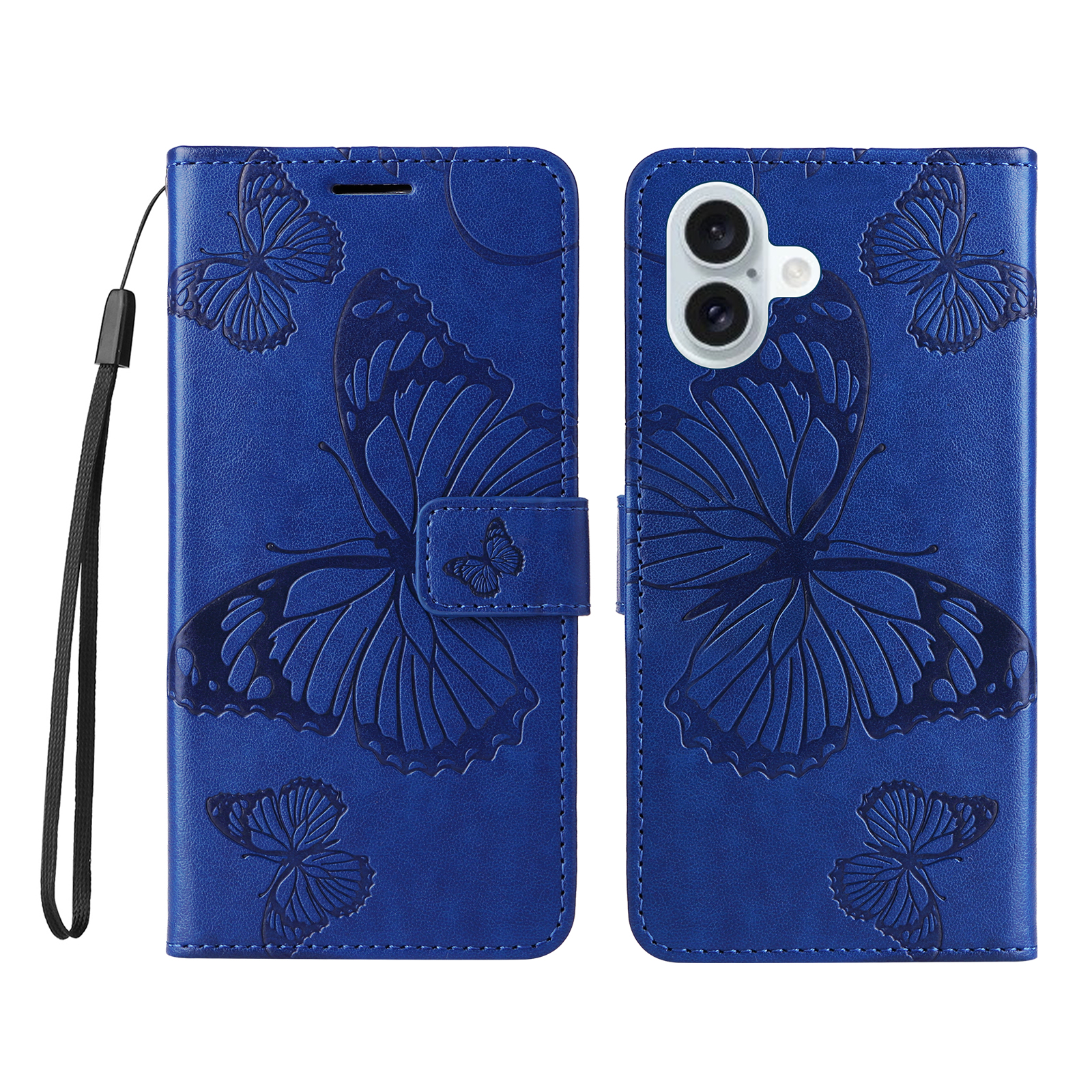 For iPhone 16 Plus Wallet Case Floral Butterfly Imprinted Leather Phone Cover Stand - Blue