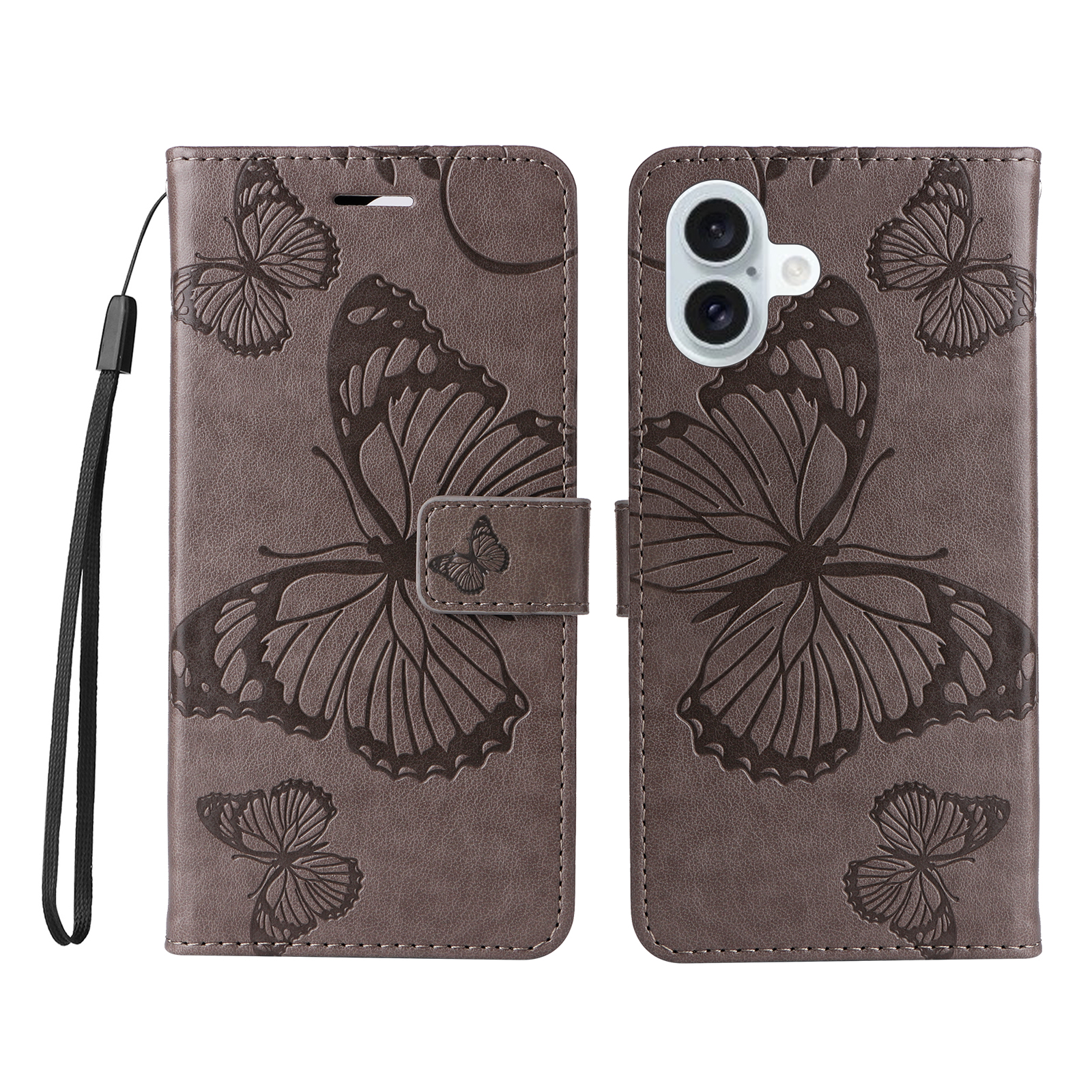 For iPhone 16 Plus Wallet Case Floral Butterfly Imprinted Leather Phone Cover Stand - Grey