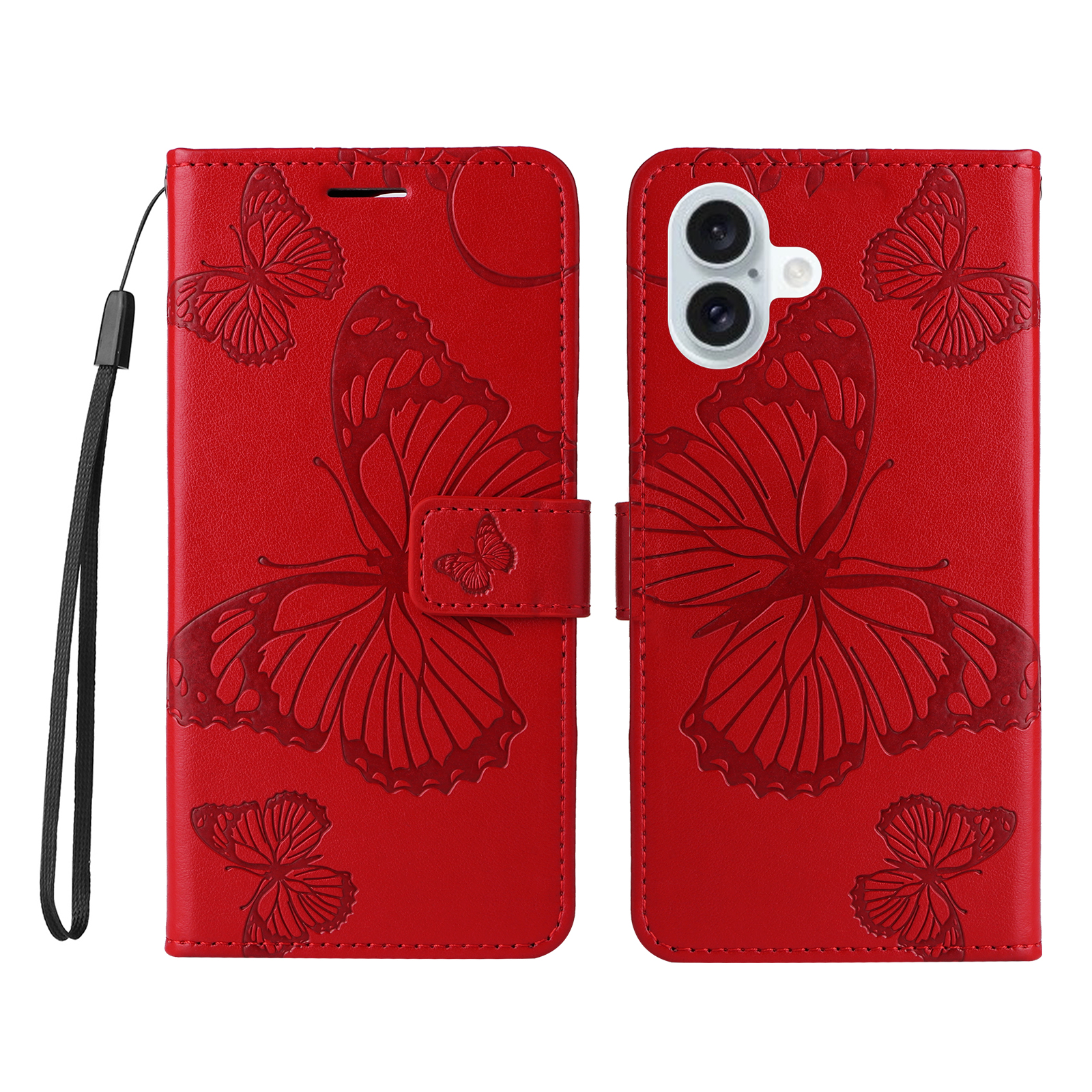For iPhone 16 Plus Wallet Case Floral Butterfly Imprinted Leather Phone Cover Stand - Red