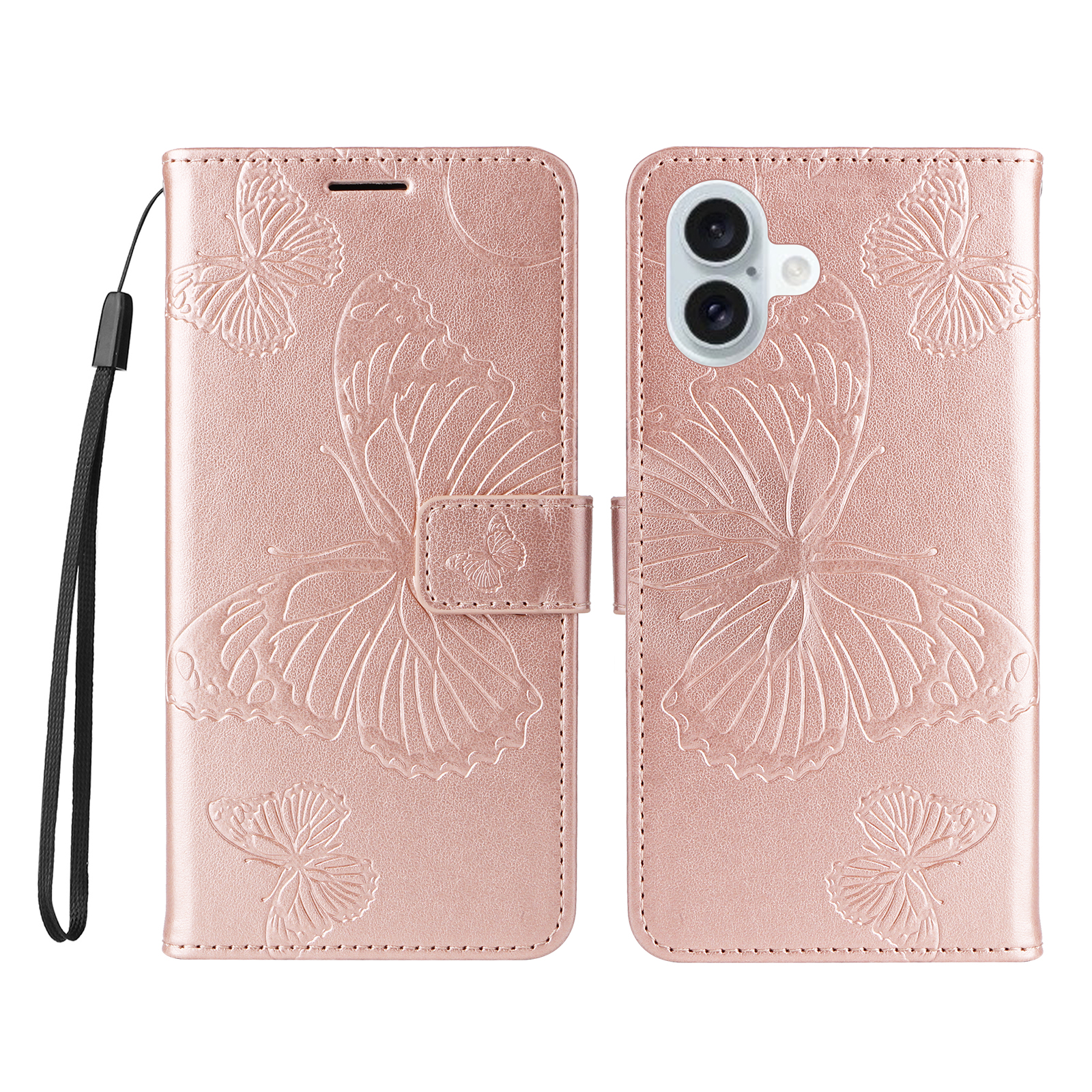For iPhone 16 Plus Wallet Case Floral Butterfly Imprinted Leather Phone Cover Stand - Rose Gold