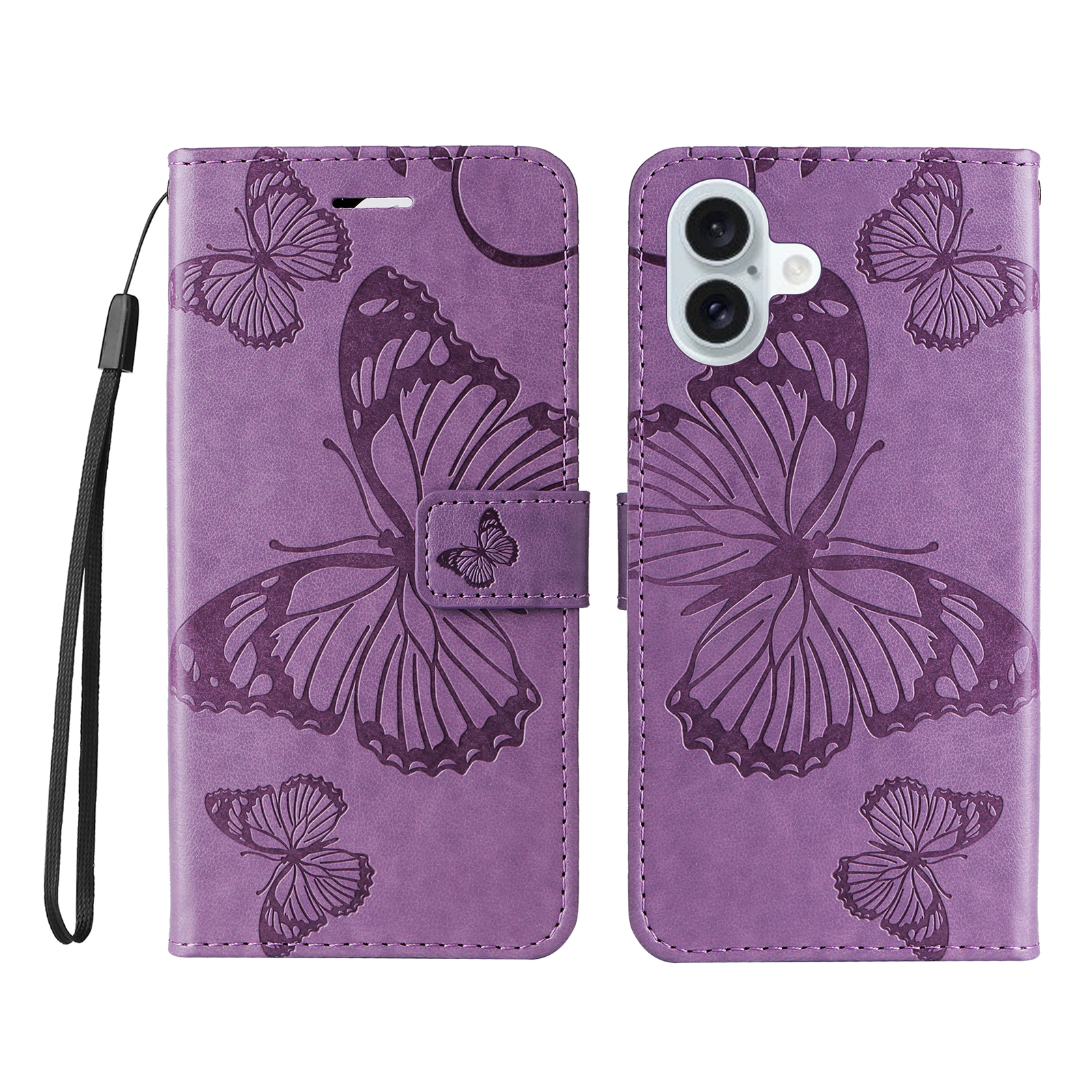For iPhone 16 Plus Wallet Case Floral Butterfly Imprinted Leather Phone Cover Stand - Light Purple