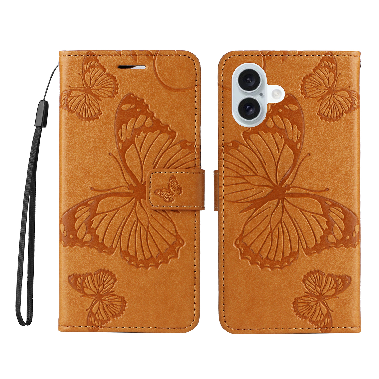 For iPhone 16 Plus Wallet Case Floral Butterfly Imprinted Leather Phone Cover Stand - Yellow