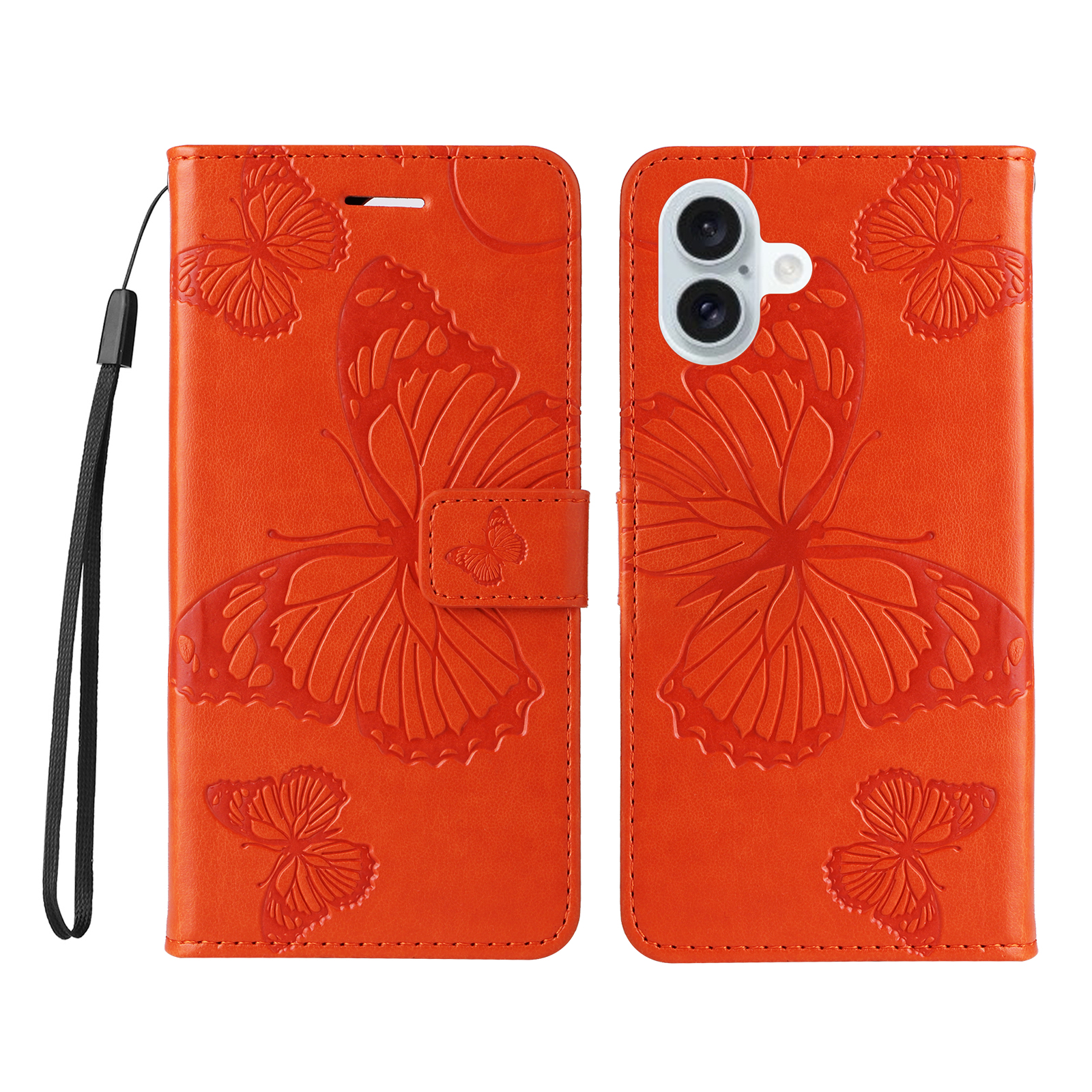 For iPhone 16 Plus Wallet Case Floral Butterfly Imprinted Leather Phone Cover Stand - Orange
