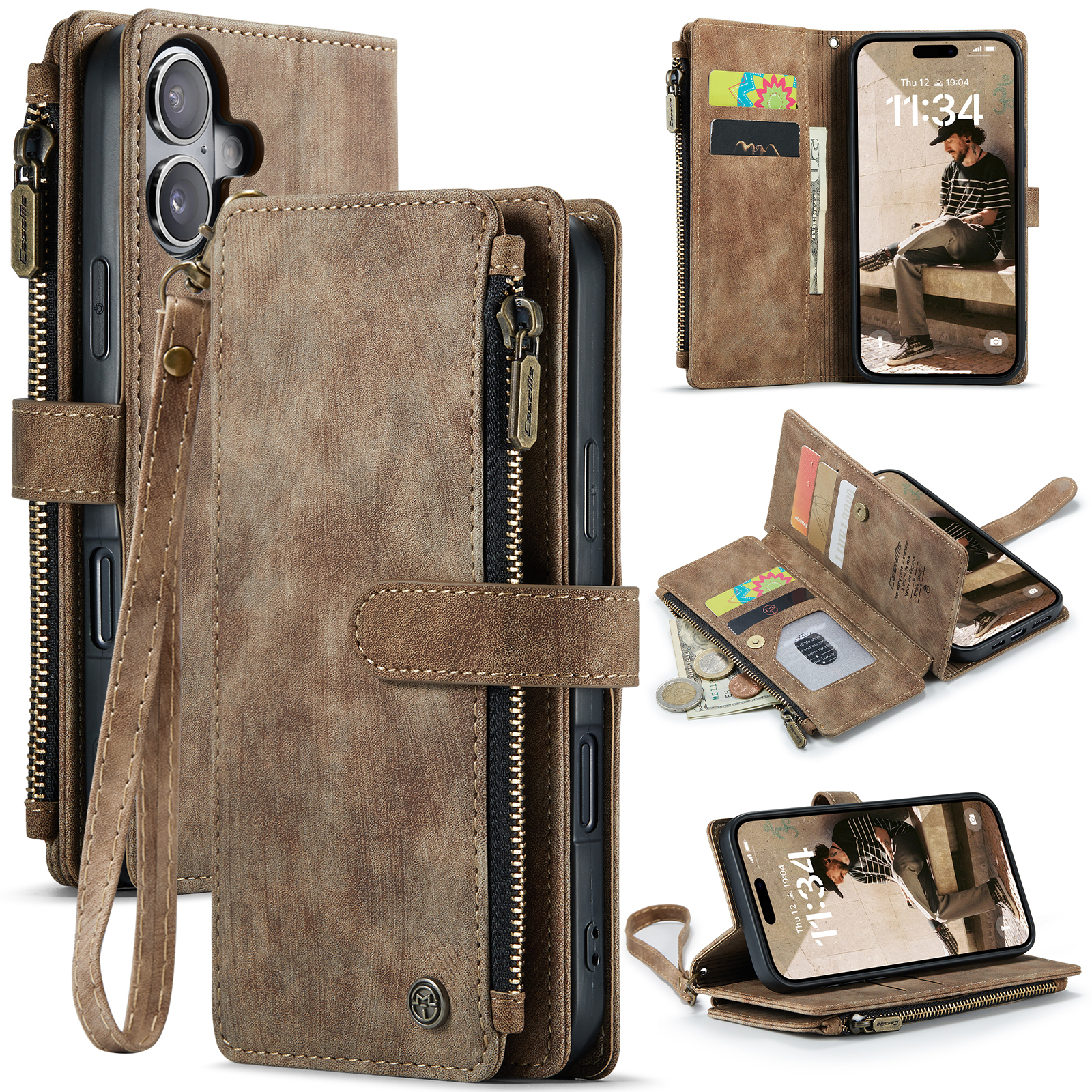 For iPhone 17 Wallet Case CASEME C30 Leather Phone Cover with 10 Card Holder Zipper Pocket - Brown