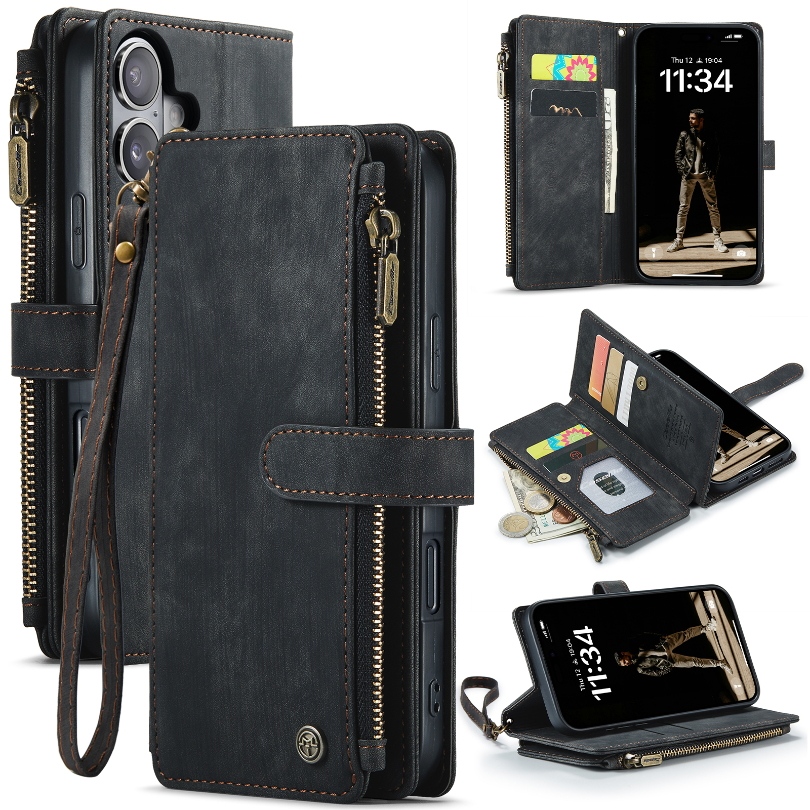 For iPhone 17 Wallet Case CASEME C30 Leather Phone Cover with 10 Card Holder Zipper Pocket - Black