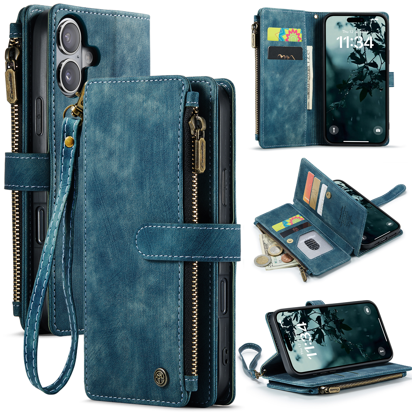 For iPhone 17 Wallet Case CASEME C30 Leather Phone Cover with 10 Card Holder Zipper Pocket - Blue
