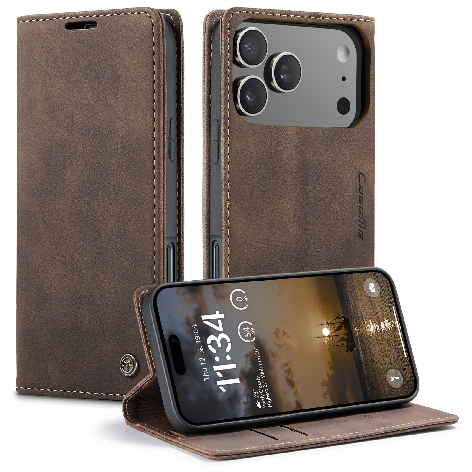 For iPhone 17 Pro Wallet Case CASEME 013 Series PU Leather Phone Cover Stand - Coffee