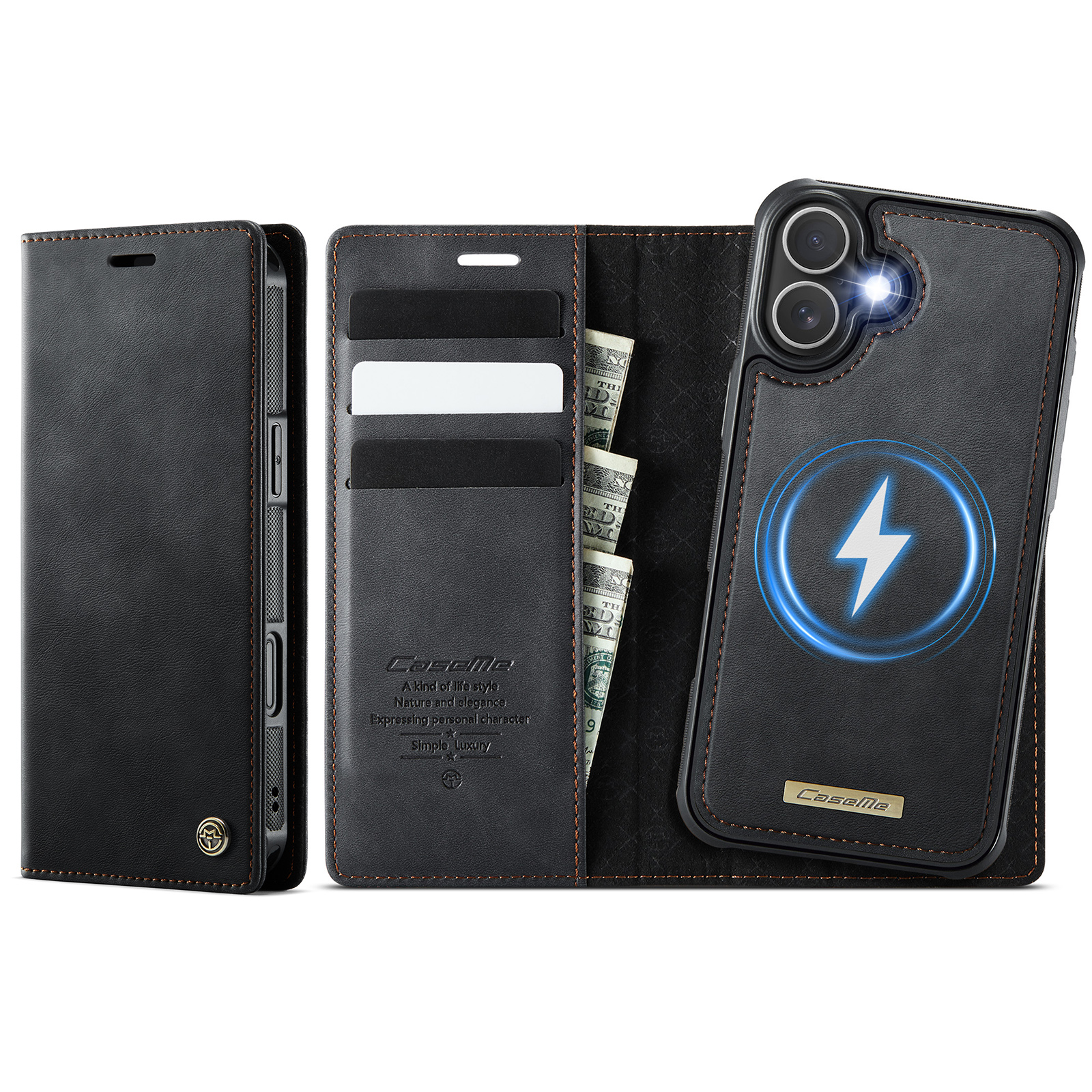 For iPhone 17 Case CASEME C49 Compatible with MagSafe RFID Blocking Detachable Wallet Leather Phone Cover - Black