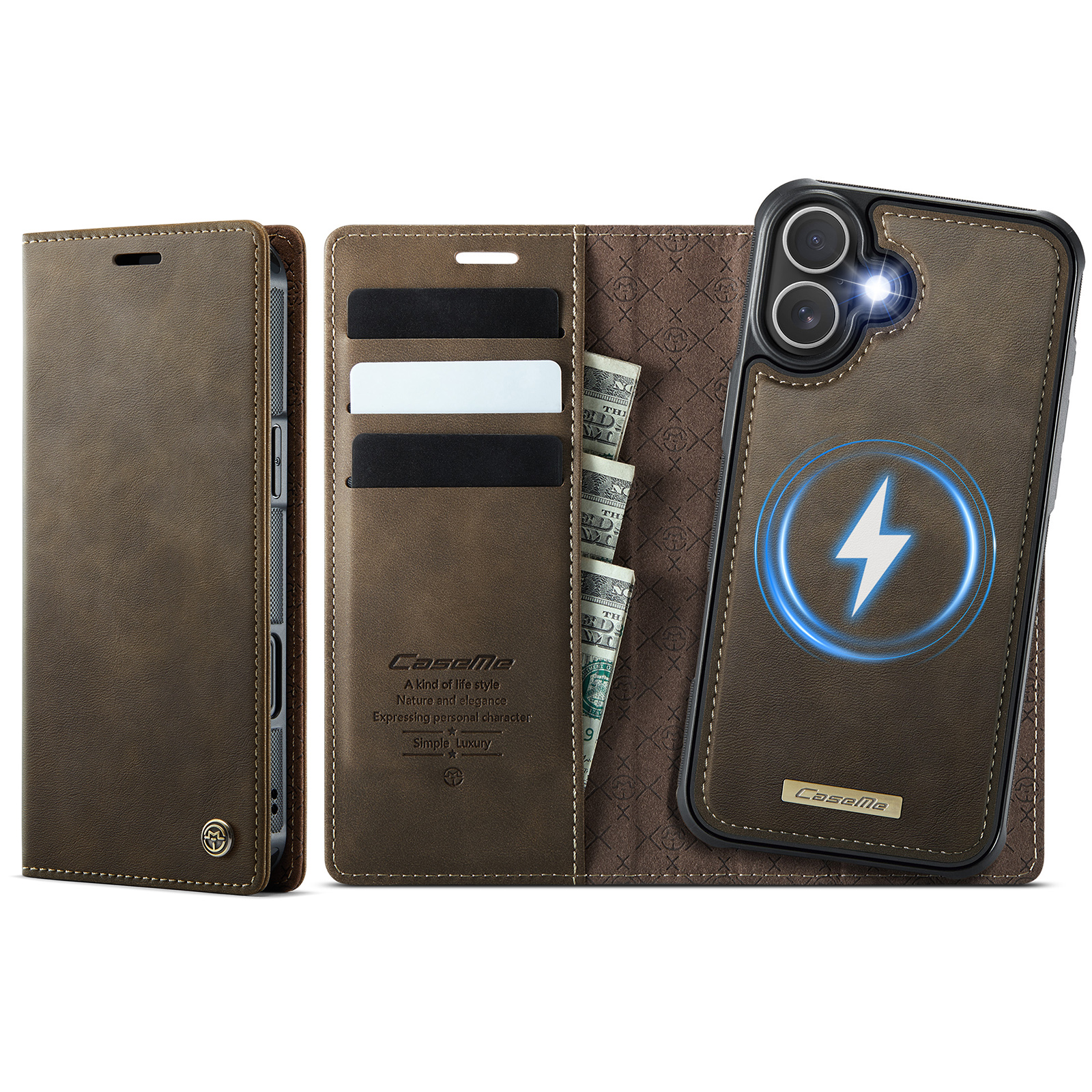 For iPhone 17 Case CASEME C49 Compatible with MagSafe RFID Blocking Detachable Wallet Leather Phone Cover - Coffee