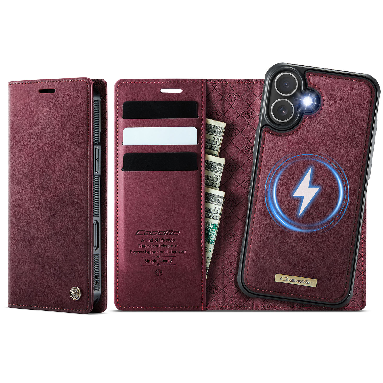 For iPhone 17 Case CASEME C49 Compatible with MagSafe RFID Blocking Detachable Wallet Leather Phone Cover - Red