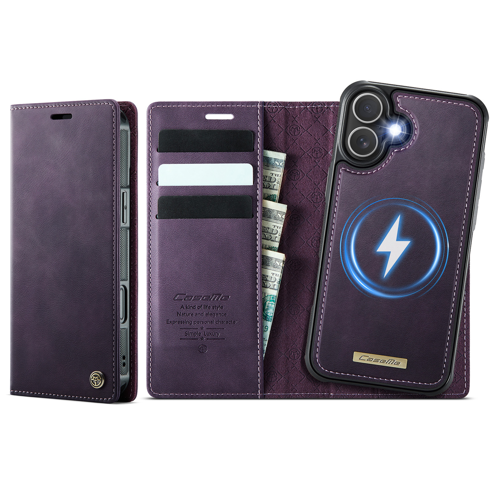 For iPhone 17 Case CASEME C49 Compatible with MagSafe RFID Blocking Detachable Wallet Leather Phone Cover - Purple