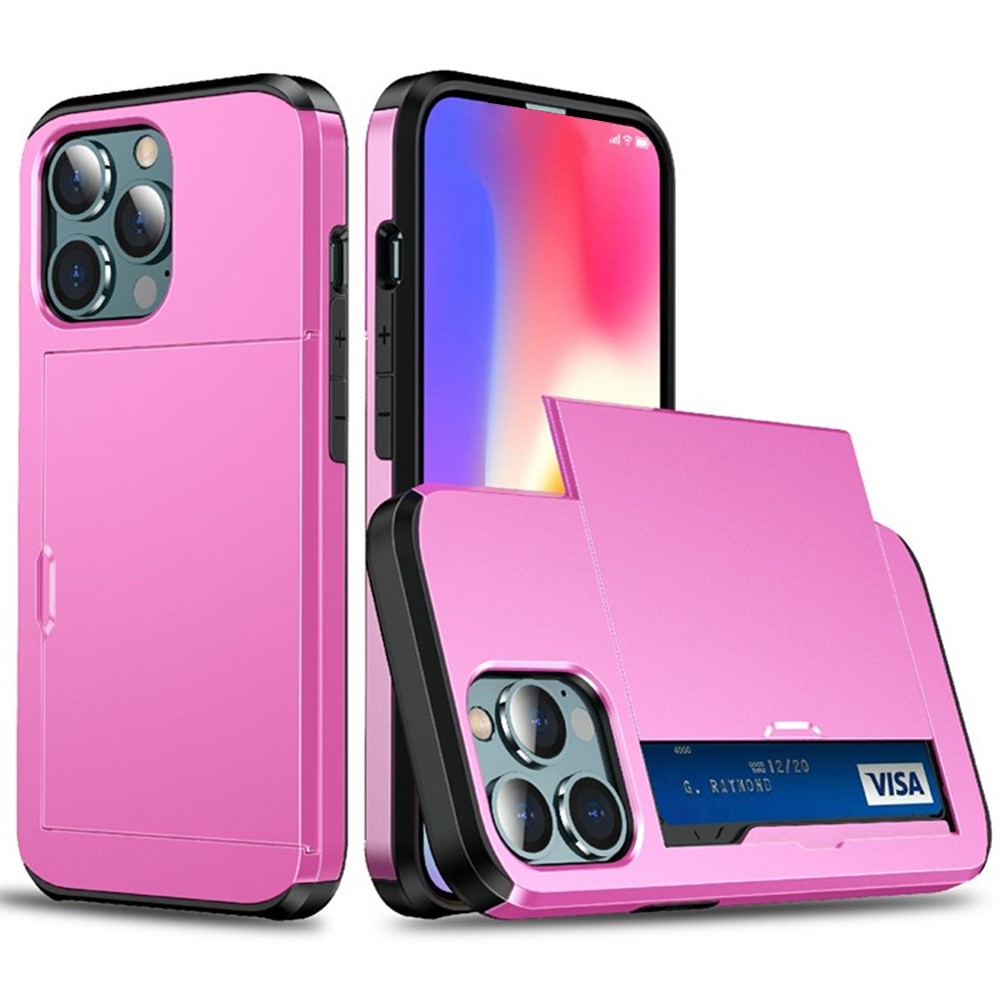 AMORUS For iPhone 12 Pro / 12 Case with Sliding Card Holder PC TPU Phone Back Cover - Pink