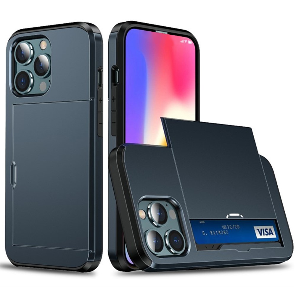 AMORUS For iPhone 12 Pro / 12 Case with Sliding Card Holder PC TPU Phone Back Cover - Navy Blue
