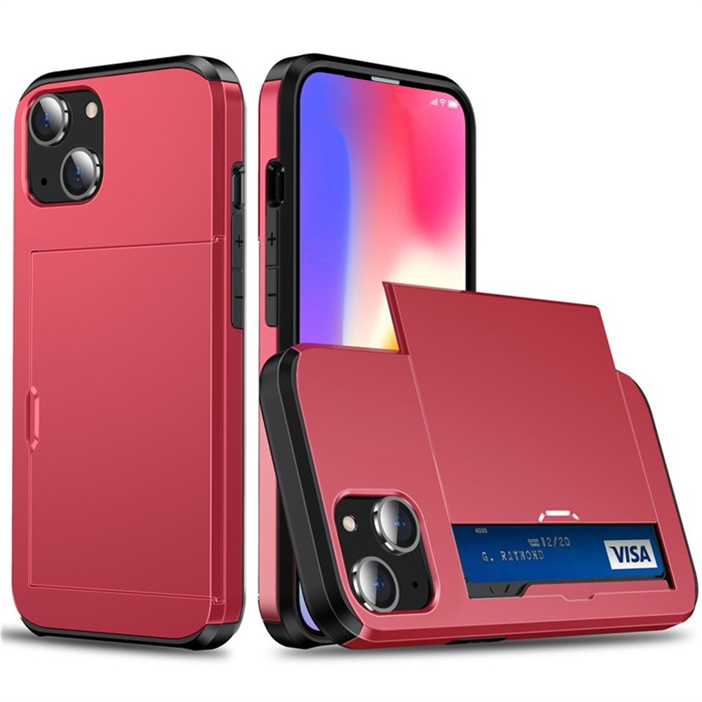 AMORUS For iPhone 13 Case with Sliding Card Holder PC TPU Phone Back Cover - Red