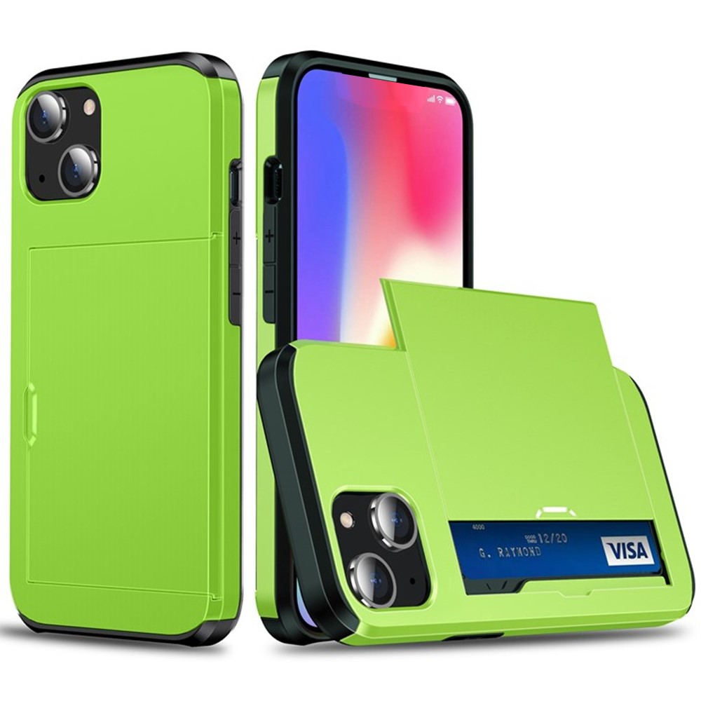 AMORUS For iPhone 13 Case with Sliding Card Holder PC TPU Phone Back Cover - Green