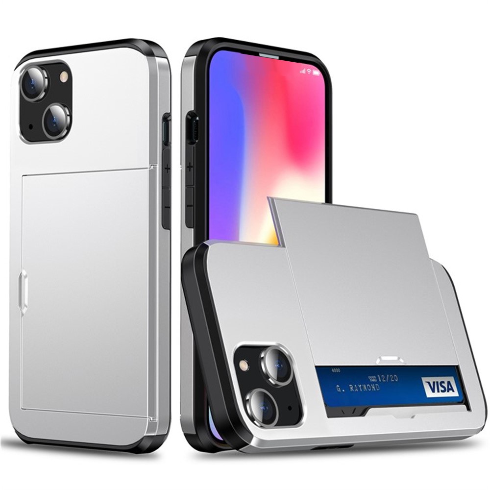 AMORUS For iPhone 13 Case with Sliding Card Holder PC TPU Phone Back Cover - Silver