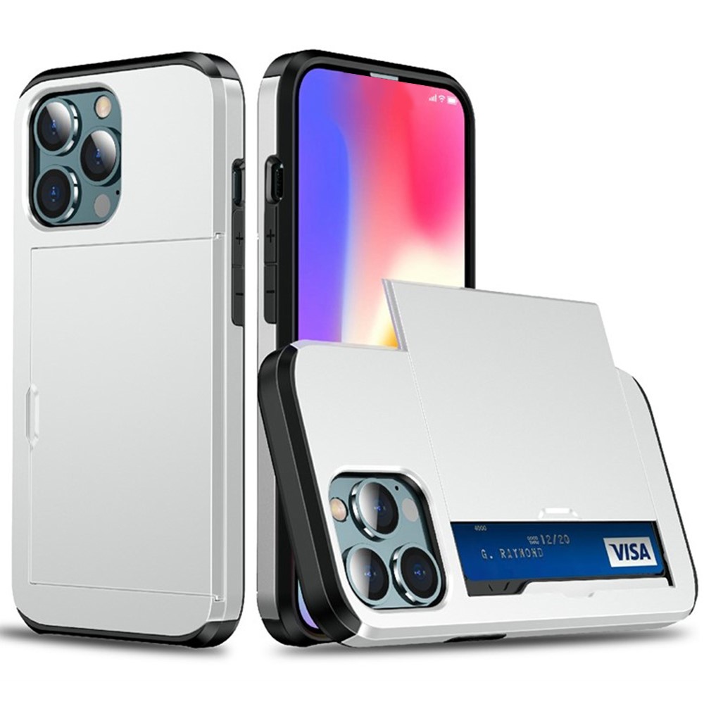 AMORUS For iPhone 13 Pro Case with Sliding Card Holder PC TPU Phone Back Cover - White