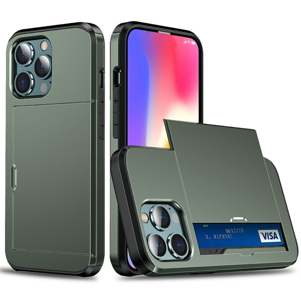 AMORUS For iPhone 13 Pro Case with Sliding Card Holder PC TPU Phone Back Cover - Army Green