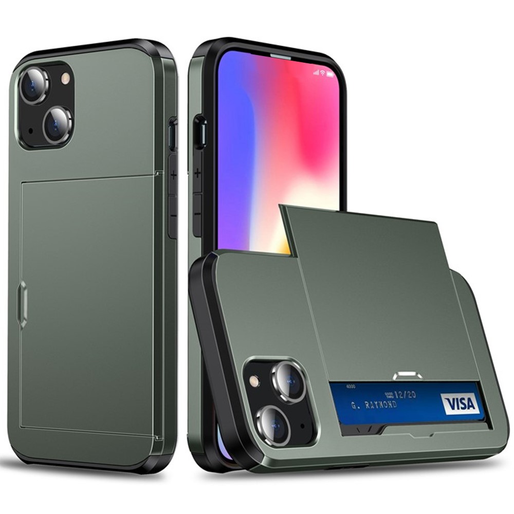 AMORUS For iPhone 14 Case with Sliding Card Holder PC TPU Phone Back Cover - Army Green