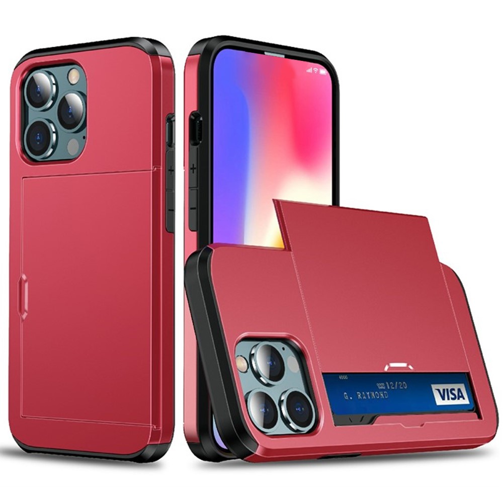 AMORUS For iPhone 14 Pro Case with Sliding Card Holder PC TPU Phone Back Cover - Red