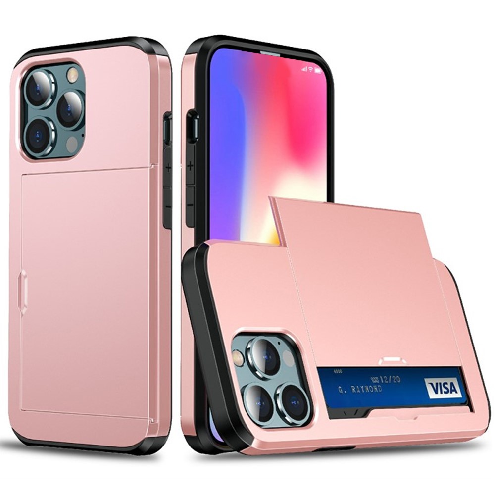 AMORUS For iPhone 14 Pro Max Case with Sliding Card Holder PC TPU Phone Back Cover - Rose Gold