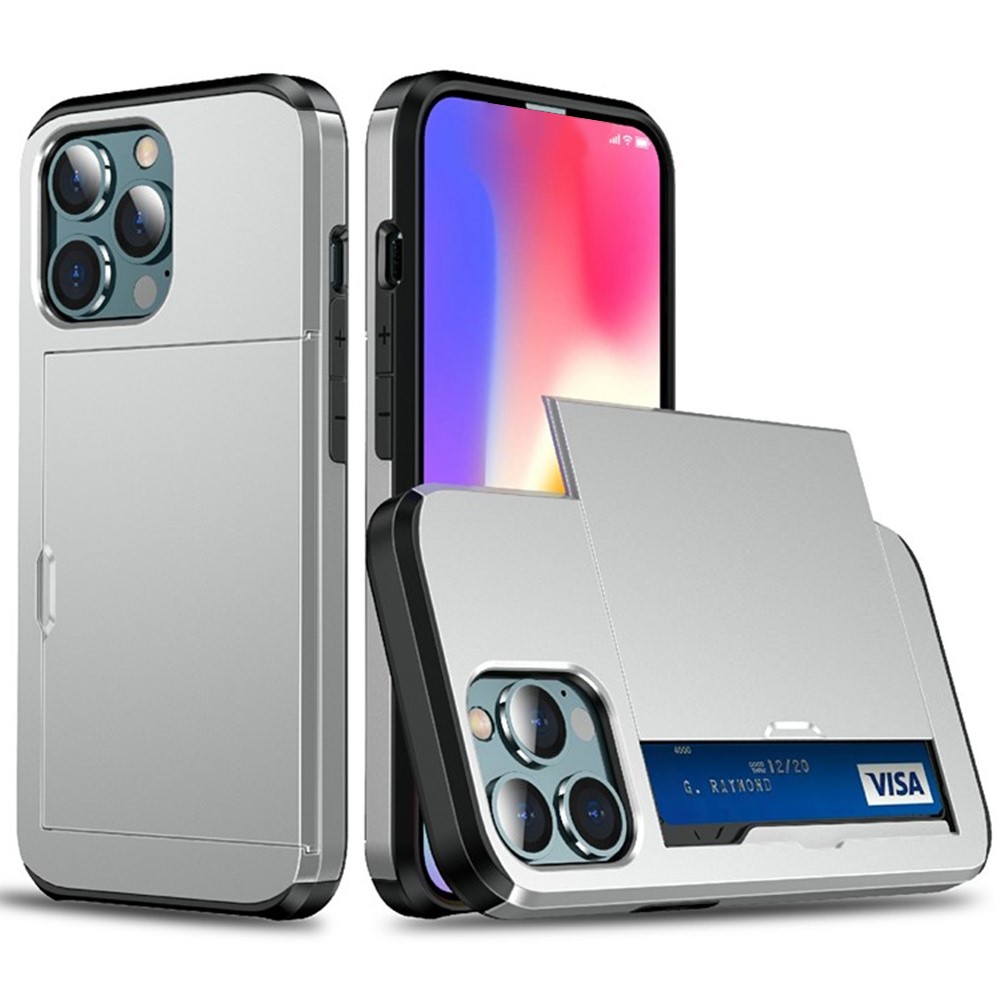 AMORUS For iPhone 15 Pro Case with Sliding Card Holder PC TPU Phone Back Cover - Silver