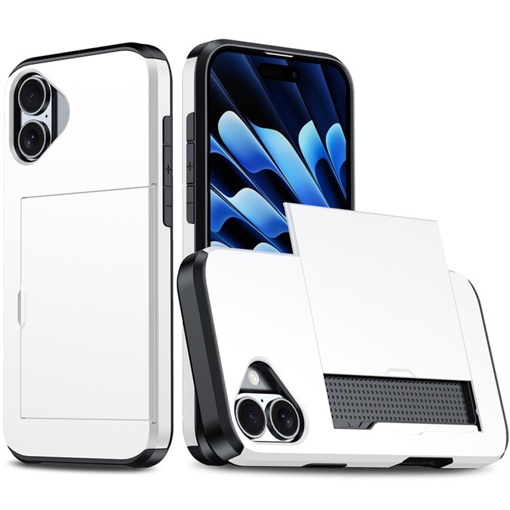 AMORUS For iPhone 16 Plus Case with Sliding Card Holder PC TPU Phone Back Cover - White
