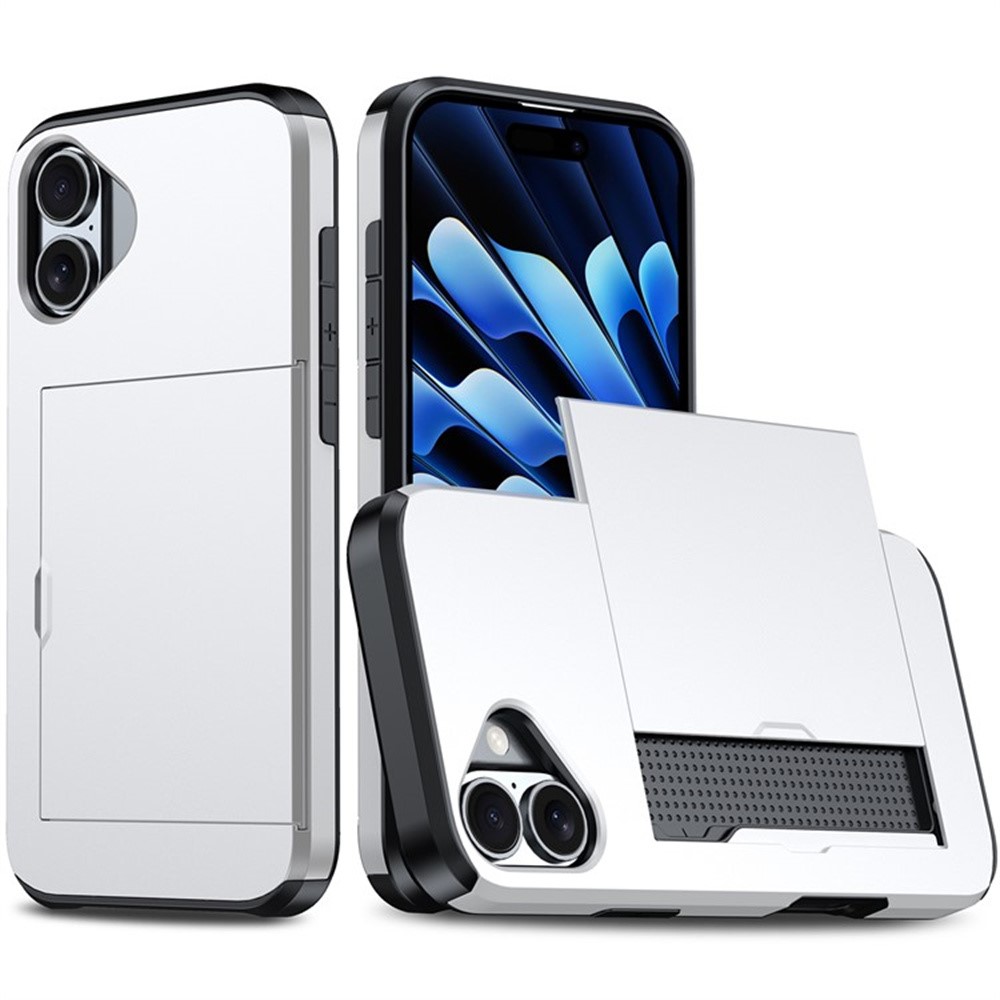 AMORUS For iPhone 16 Plus Case with Sliding Card Holder PC TPU Phone Back Cover - Silver