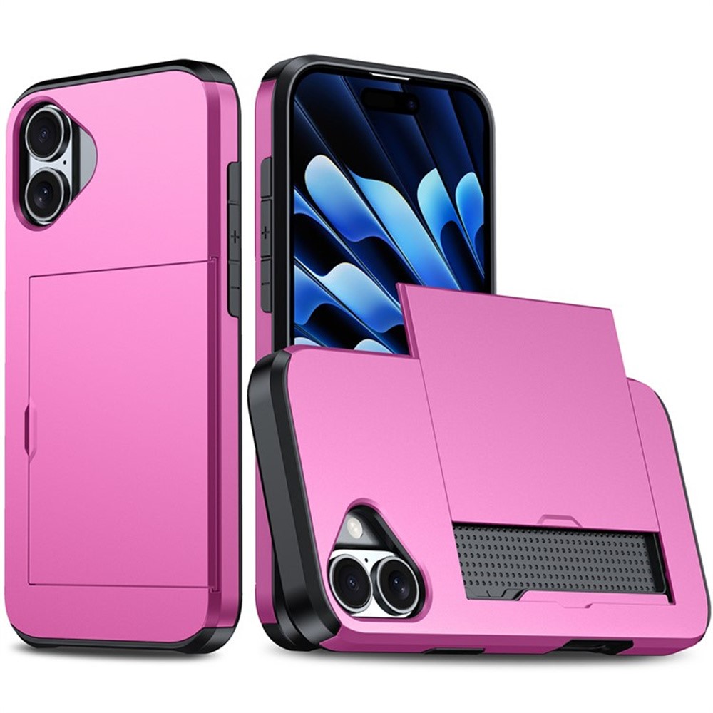 AMORUS For iPhone 16 Plus Case with Sliding Card Holder PC TPU Phone Back Cover - Pink