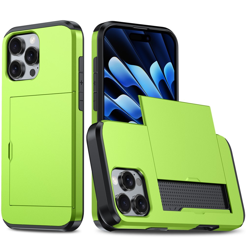 AMORUS For iPhone 16 Pro Case with Sliding Card Holder PC TPU Phone Back Cover - Green