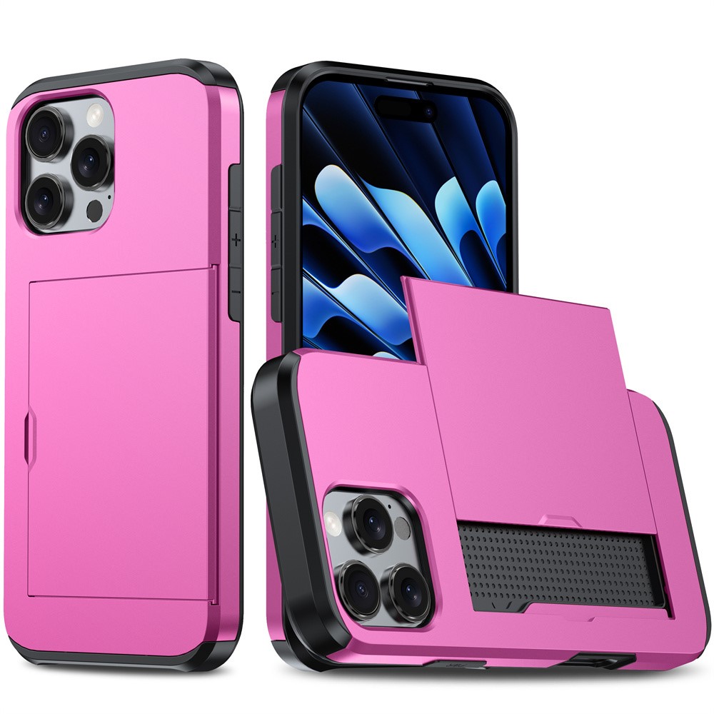 AMORUS For iPhone 16 Pro Case with Sliding Card Holder PC TPU Phone Back Cover - Pink
