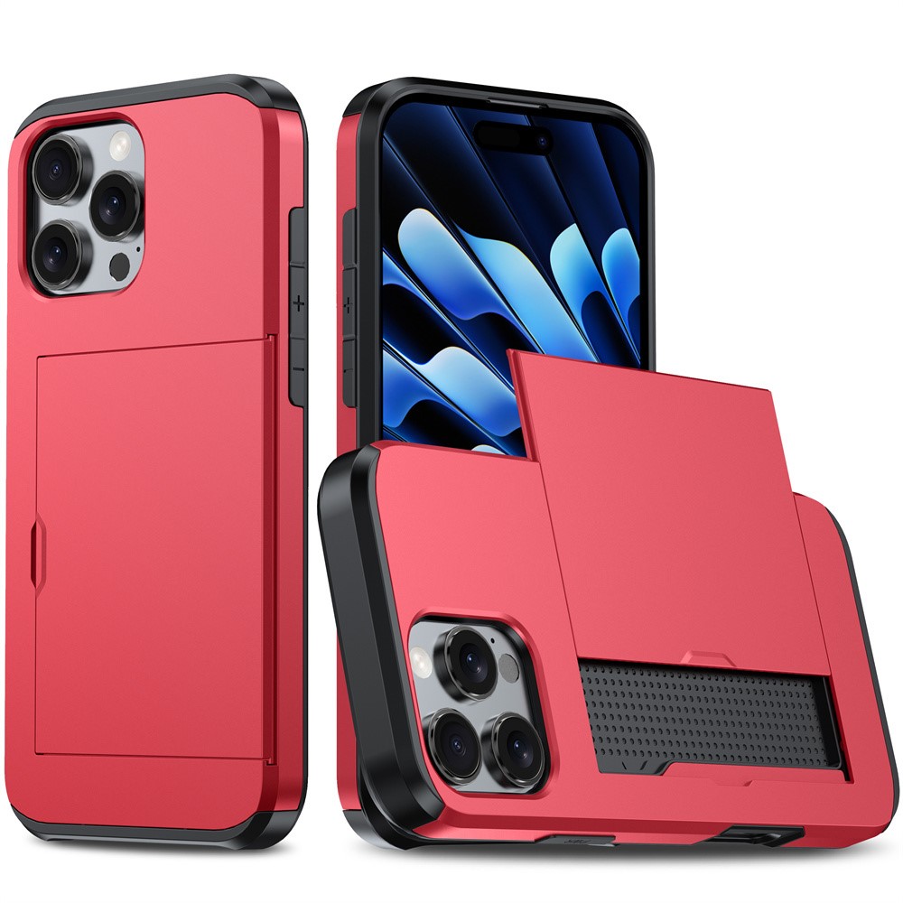 AMORUS For iPhone 16 Pro Max Case with Sliding Card Holder PC TPU Phone Back Cover - Red