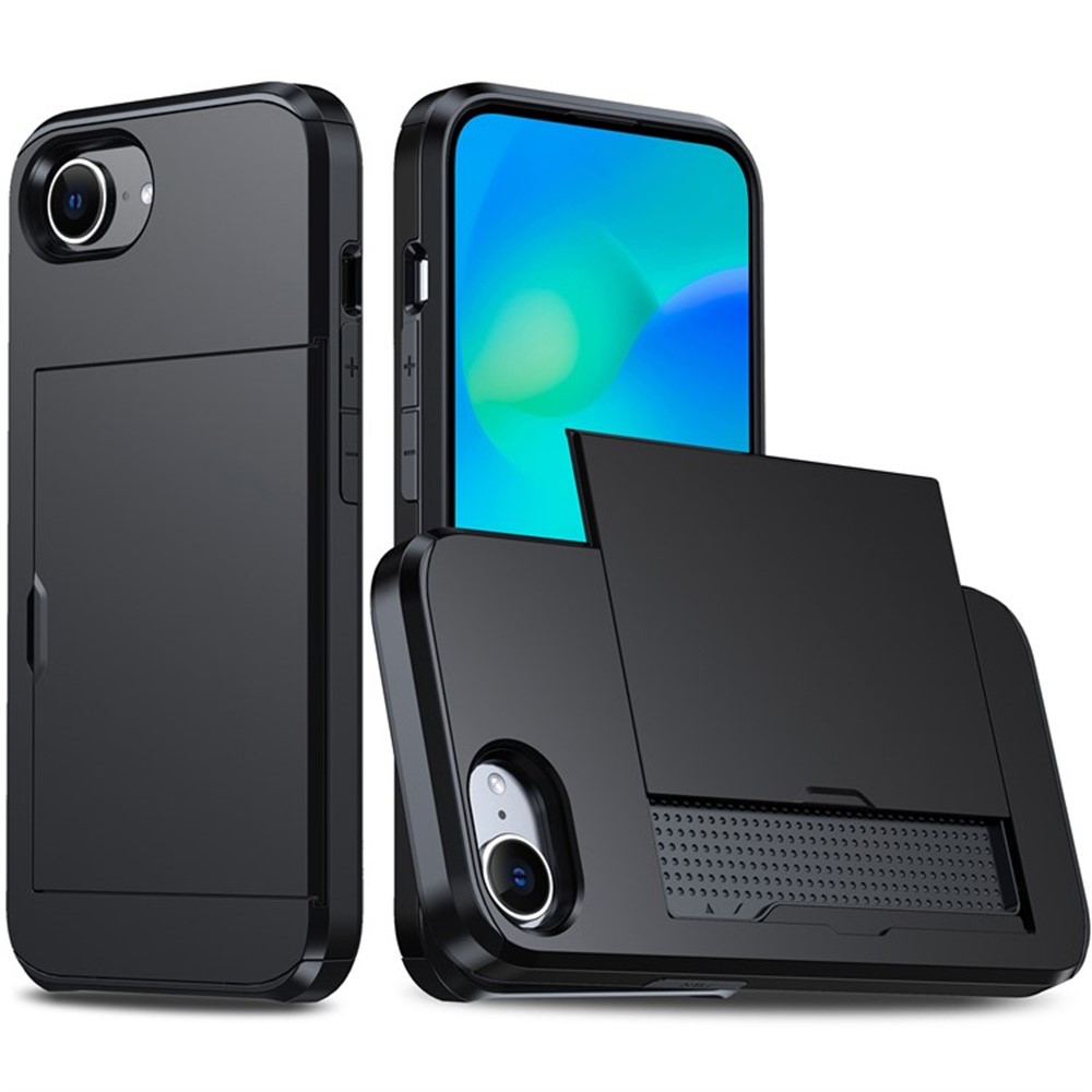 AMORUS For iPhone 16e Case with Sliding Card Holder PC TPU Phone Back Cover - Black